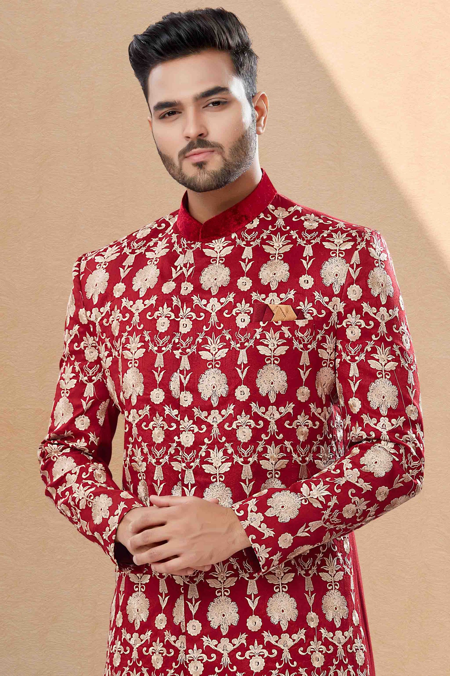 Maroon Colour Sherwani In Velvet Fabric VSSH1040411