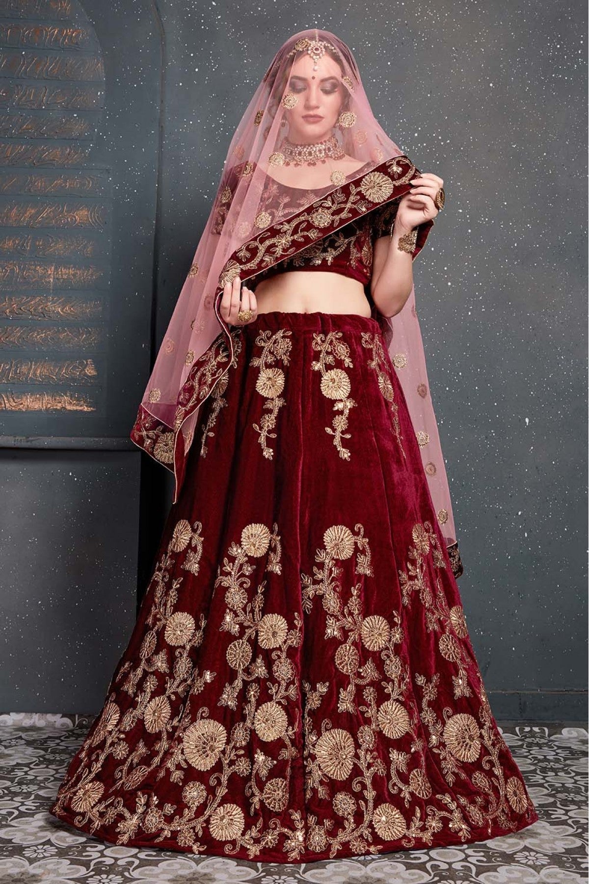 Maroon Colour Velvet Lehenga Choli VSLC1010030