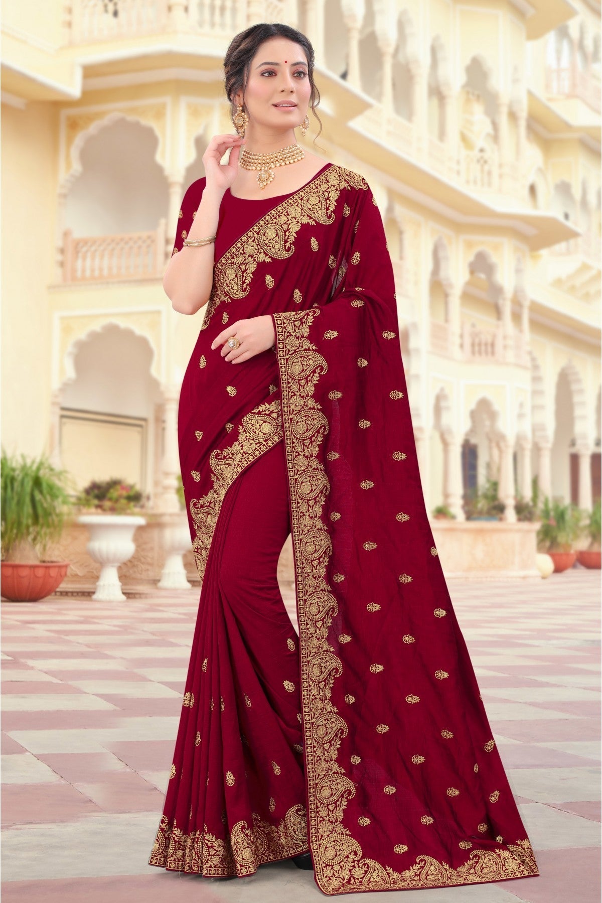 Maroon Colour Vichitra Silk Embroidery Saree VSSD1090426