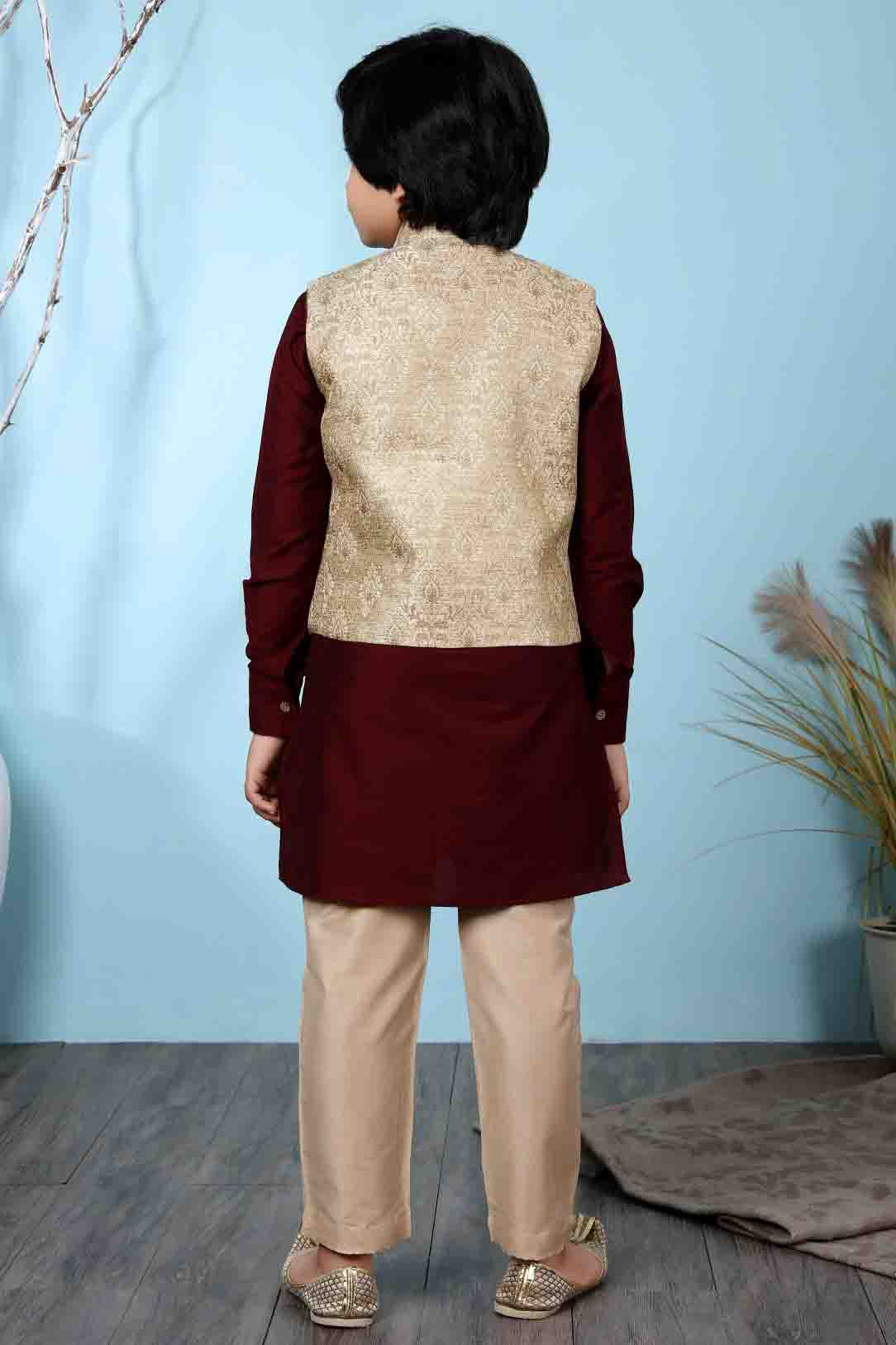 Maroon and Beige Colour Cotton Silk Kurta Pajama With Jacket VSBW1070094