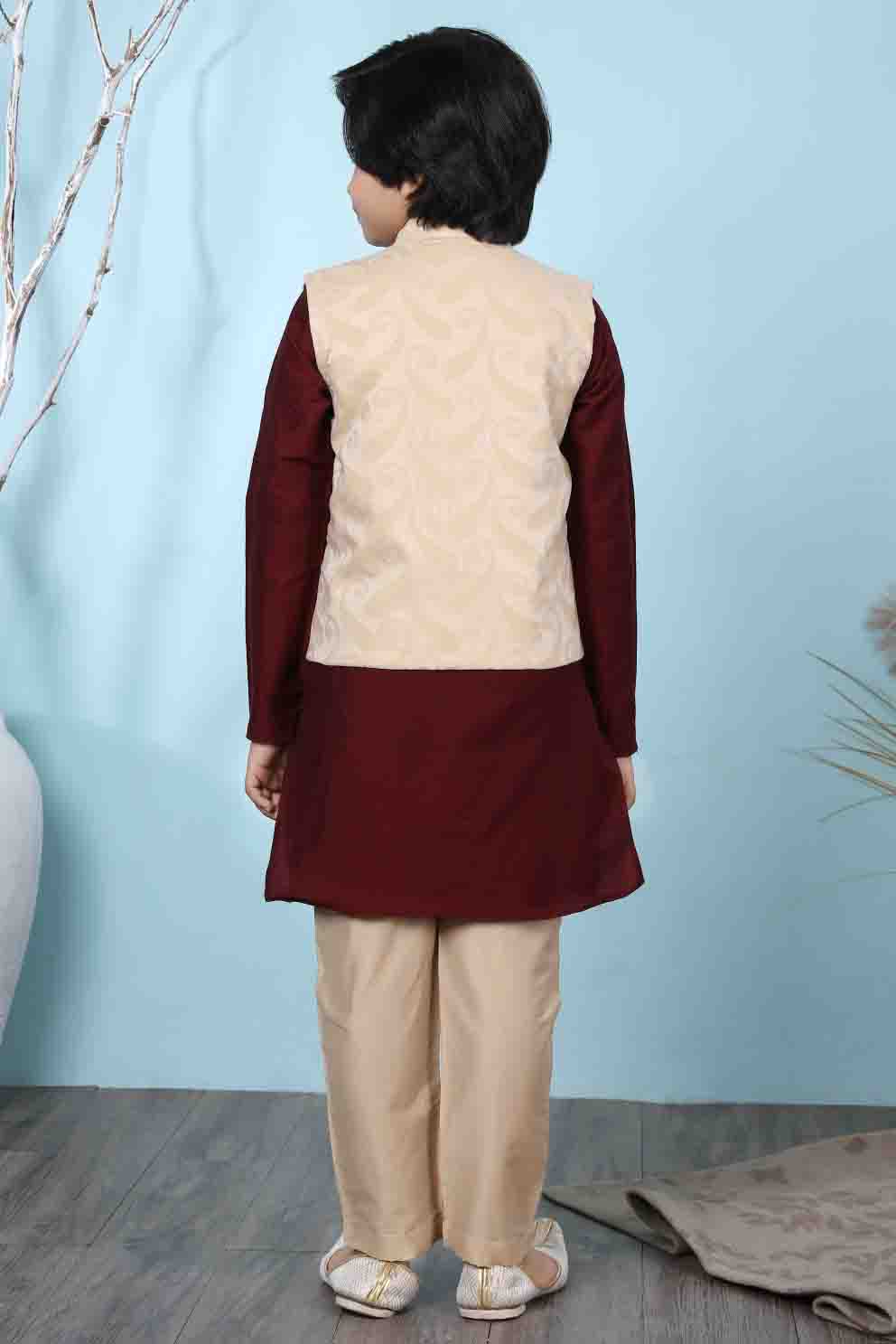 Maroon and Beige Colour Cotton Silk Kurta Pajama With Jacket VSBW1070099