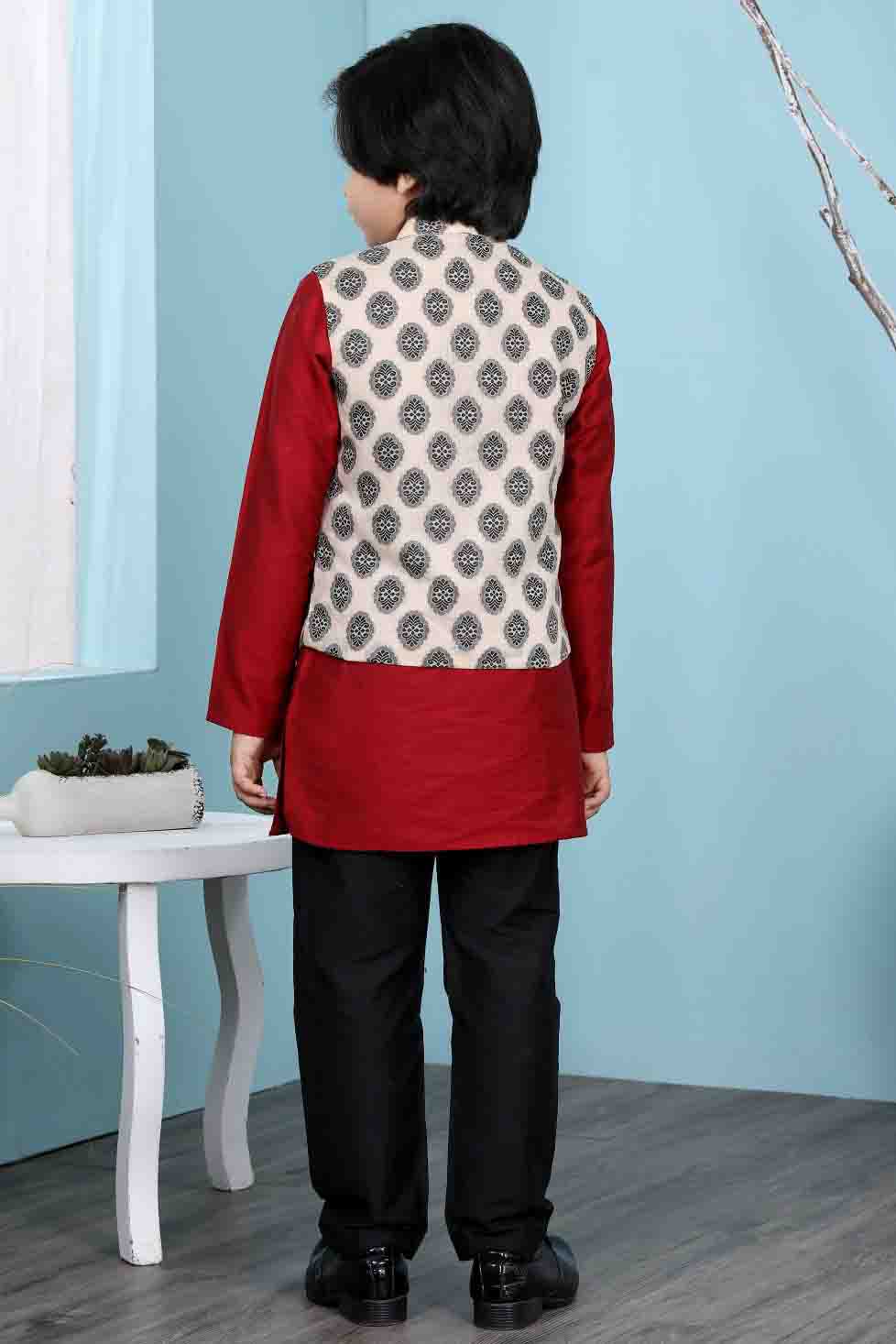 Maroon and Beige Colour Cotton Silk Kurta Pajama With Jacket VSBW1070109