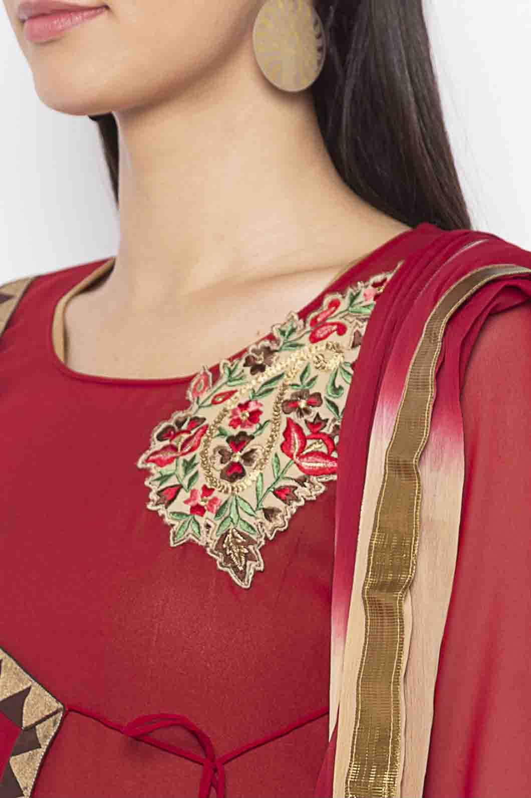 Maroon and Beige Colour Plus Size Georgette Embroidery Pant Style Suit VSSS1070350