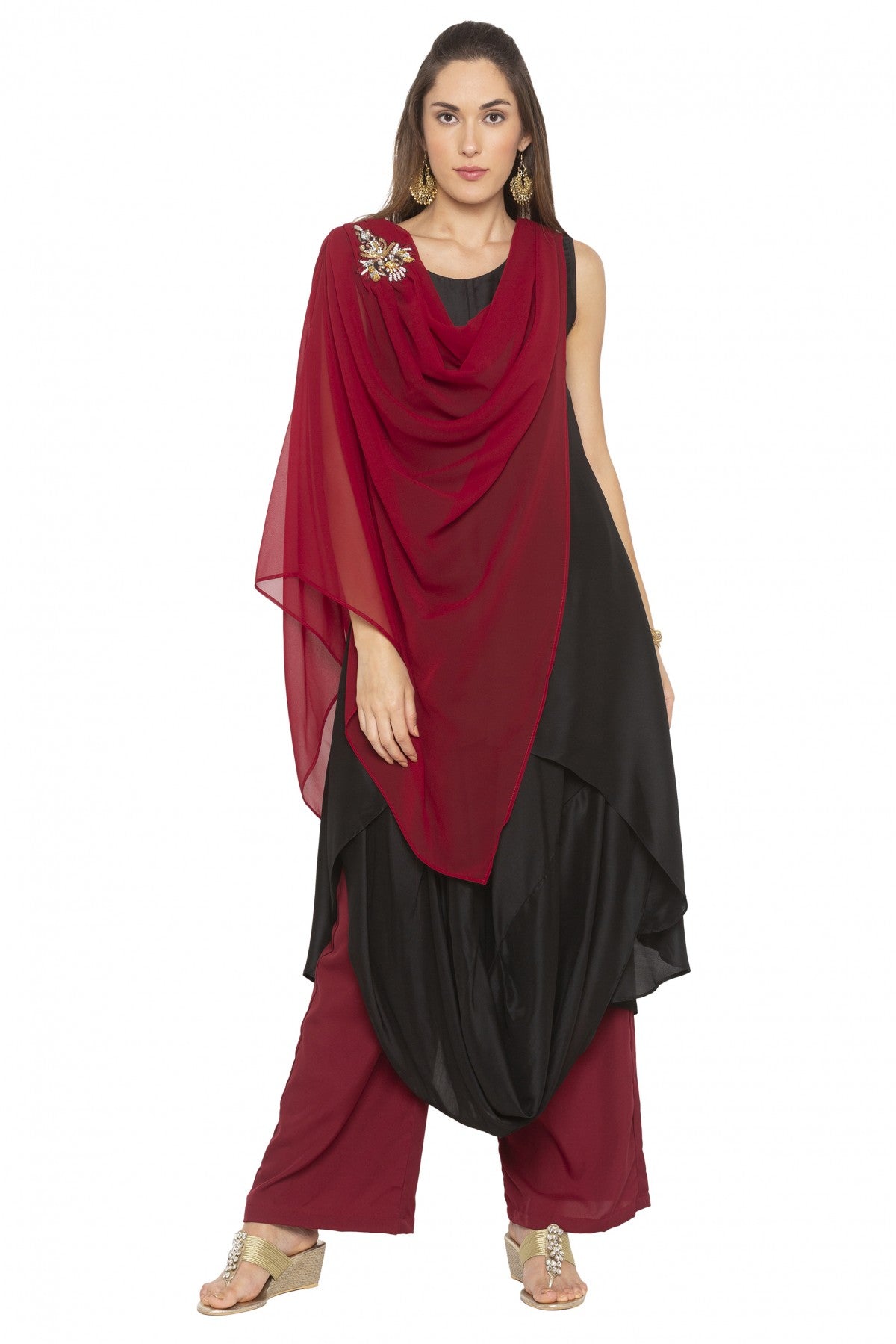 Maroon and Black Colour Plus Size Muslin Embroidery Kurti