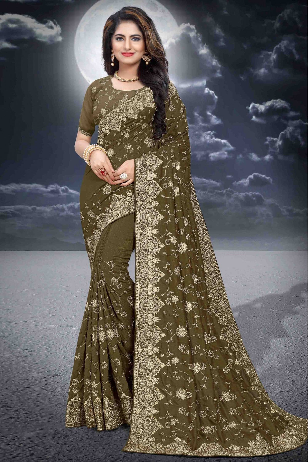 Mehendi and Green Colour Vichitra Silk Designer Saree VSSD1090090