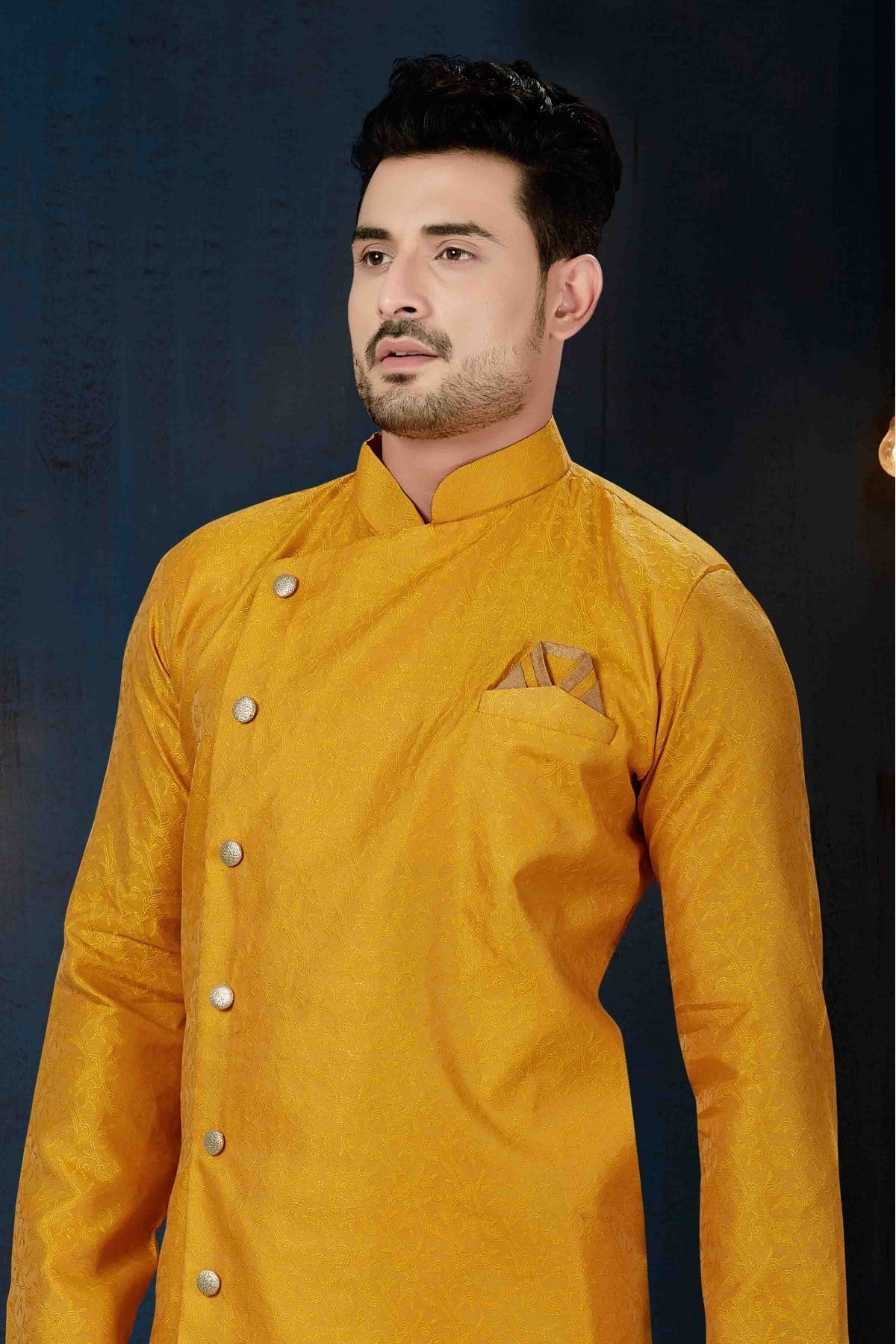 Mustard Colour Jacquard Party Wear Indo Western Sherwani VSSH1040226