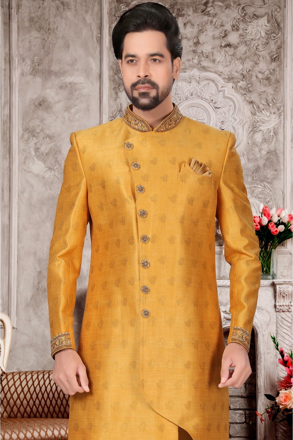 Mustard Colour Jacquard Sherwani VSSH1040282