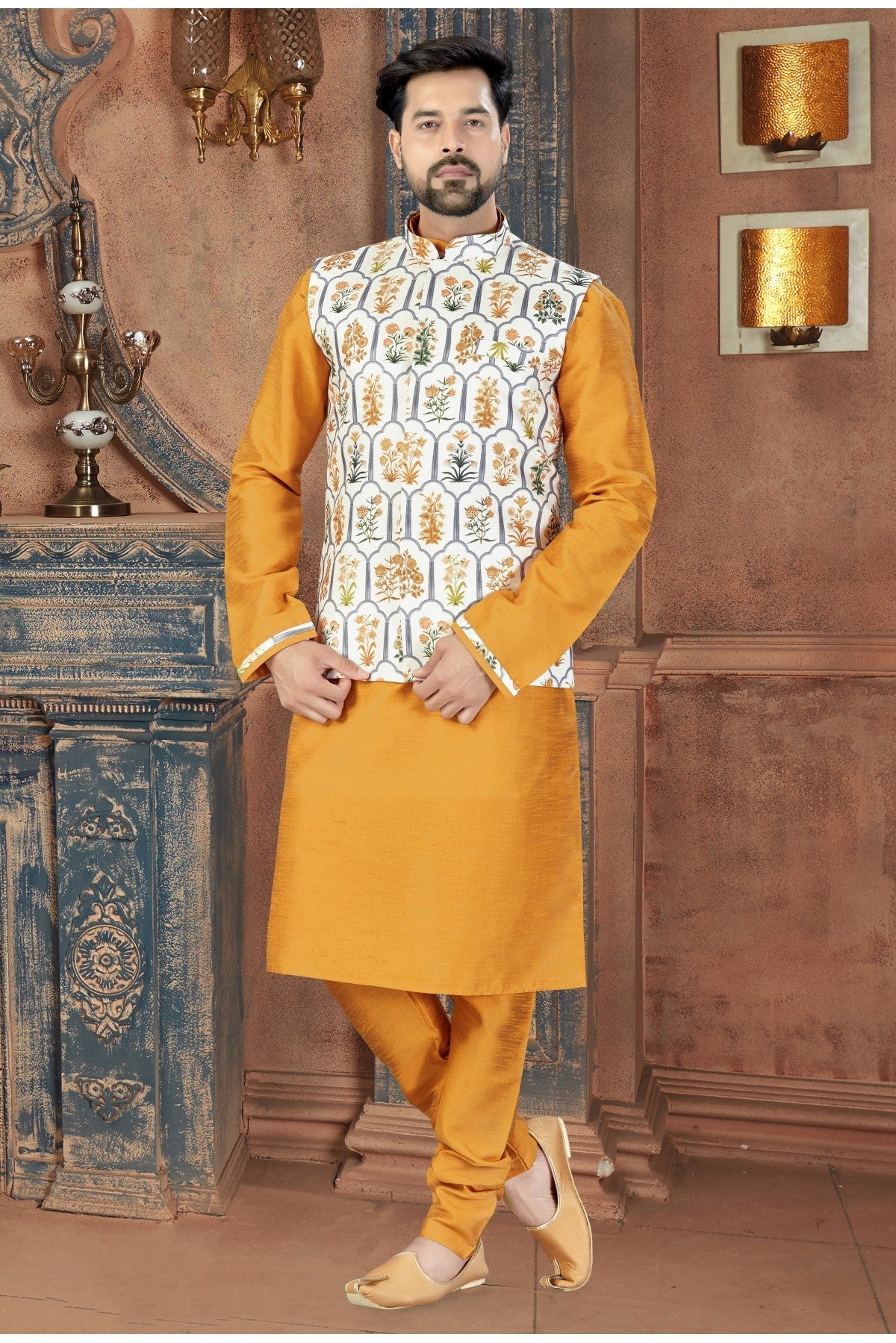 Mustard Colour Kurta Pajama With Jacket In Silk Fabric VSKP1040168