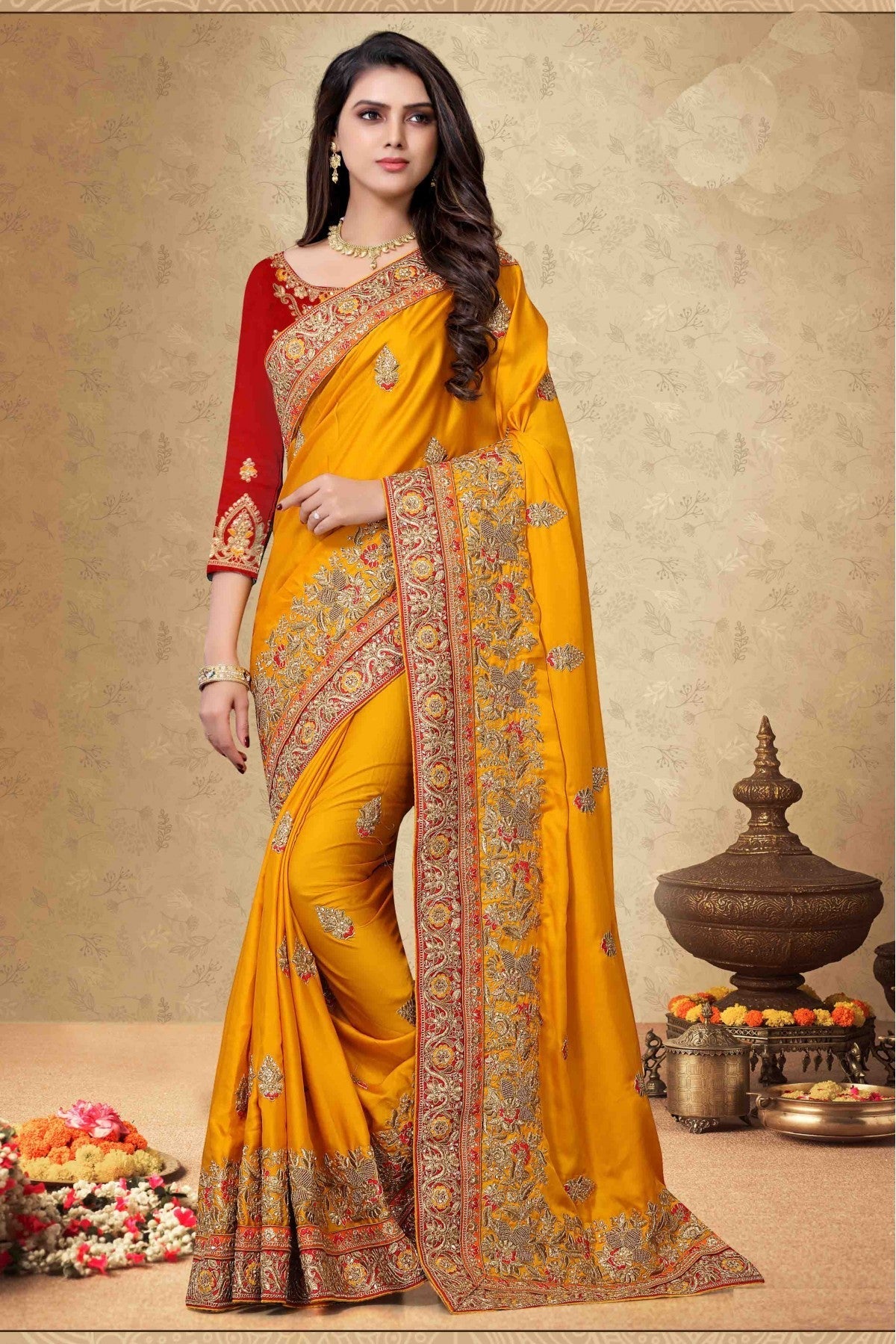 Mustard Colour Satin Georgette Embroidery Saree VSSD1120066