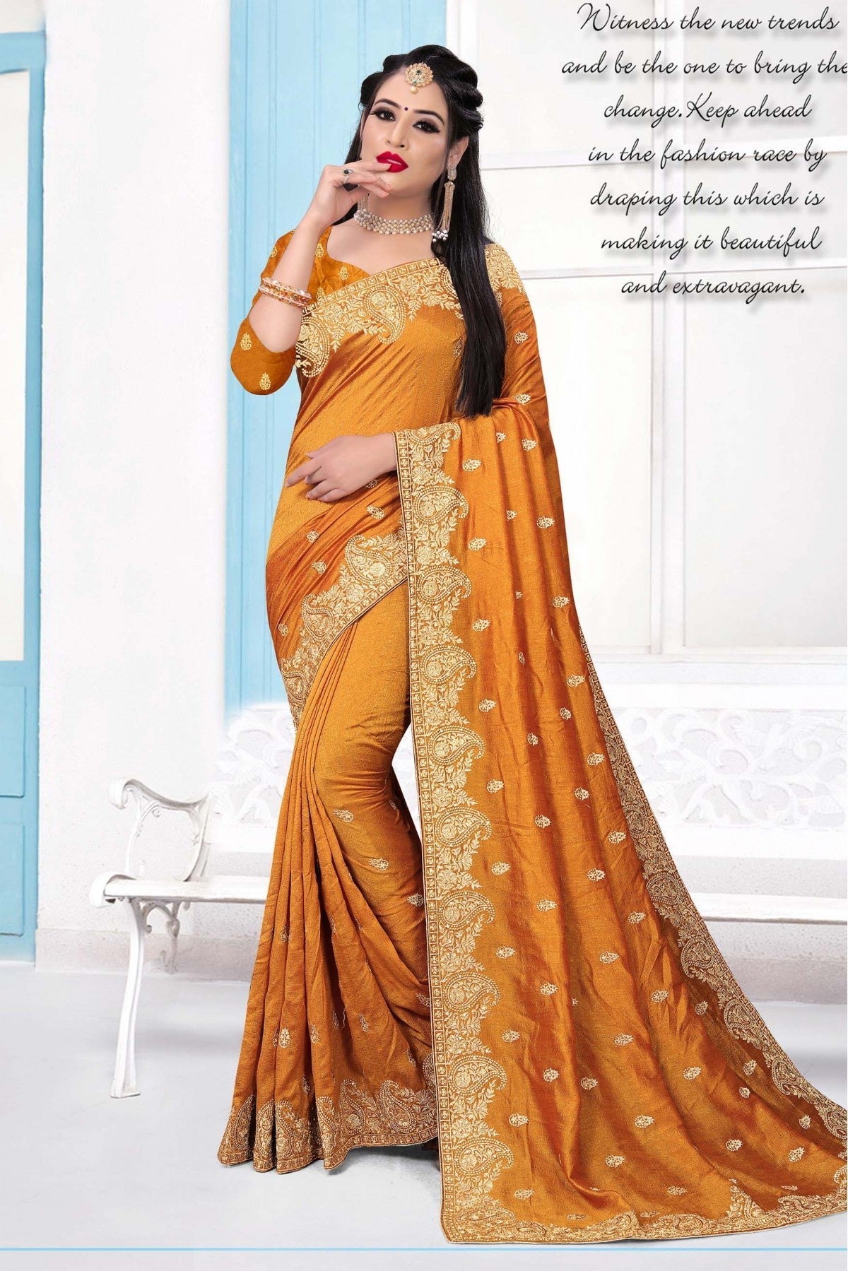 Mustard Colour Vichitra Silk Embroidery Saree VSSD1090146