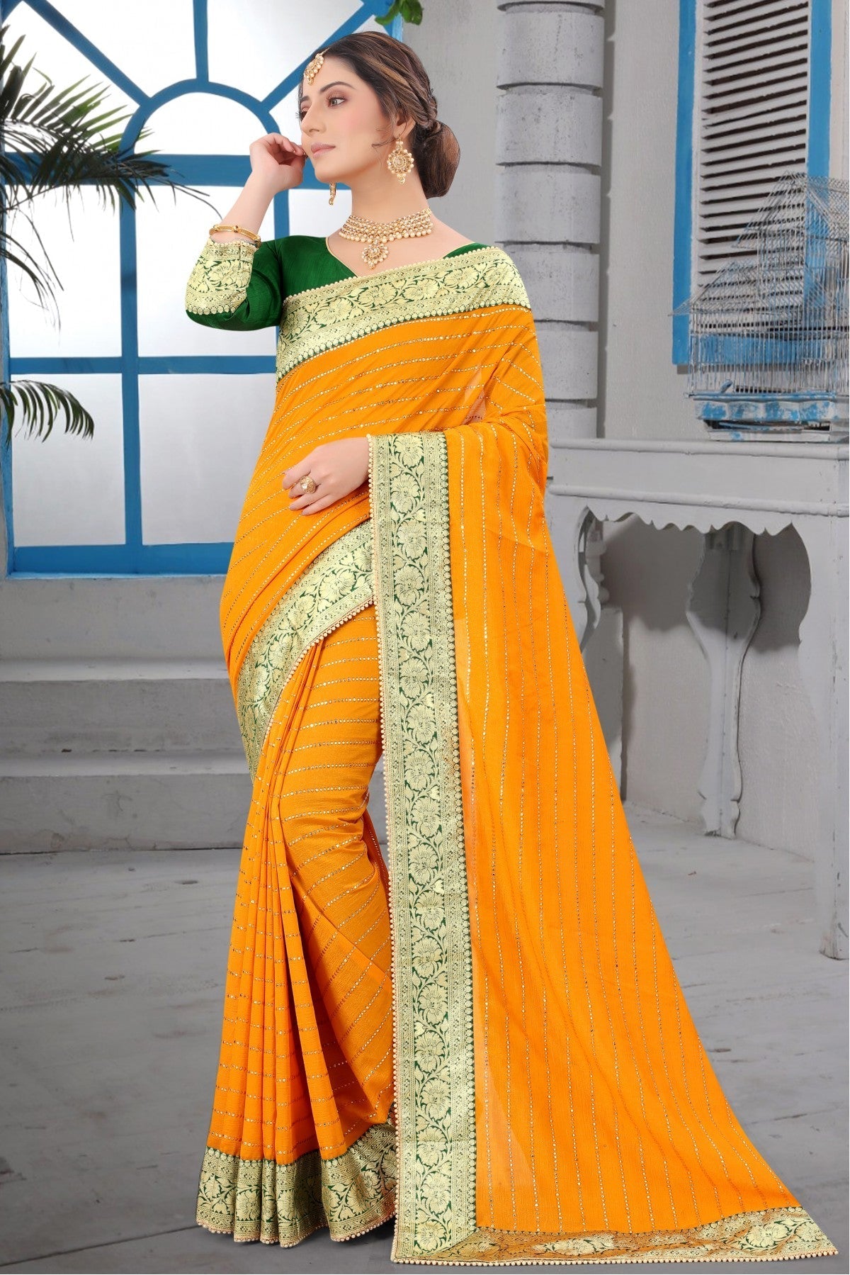 Mustard Colour Vichitra Silk Lace Work Saree VSSD1120228