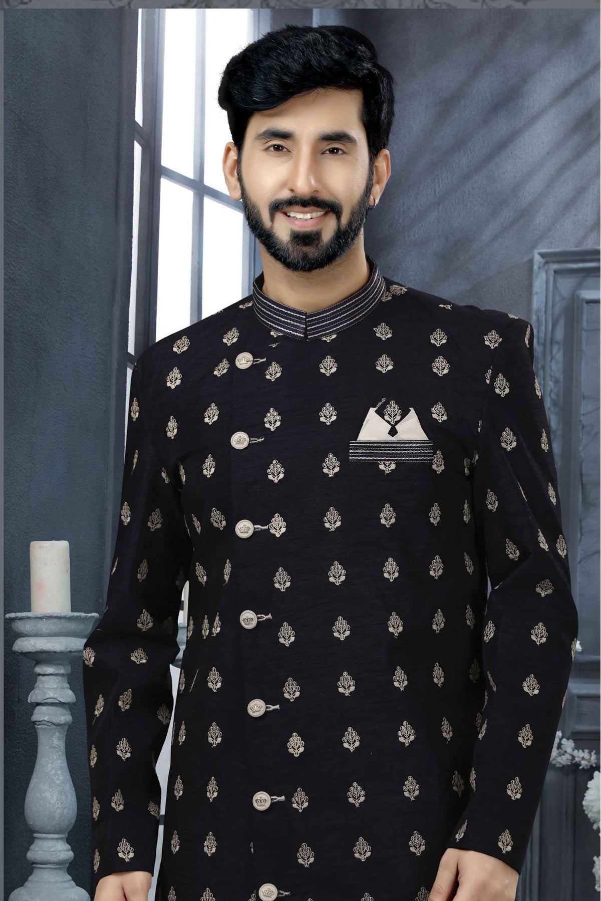 Navy Blue Colour Art Silk Thread Work Sherwani VSSH1040337