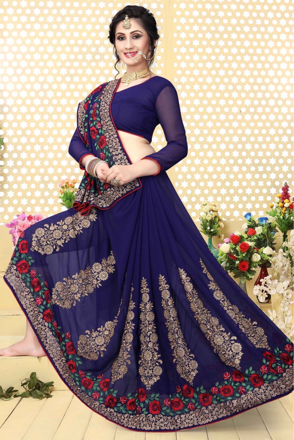 Navy Blue Colour Georgette Embroidered Saree VSSD1120423