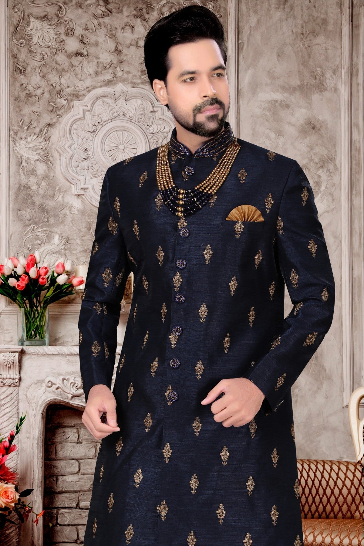 Navy Blue Colour Jacquard Dhoti Sherwani VSSH1040293