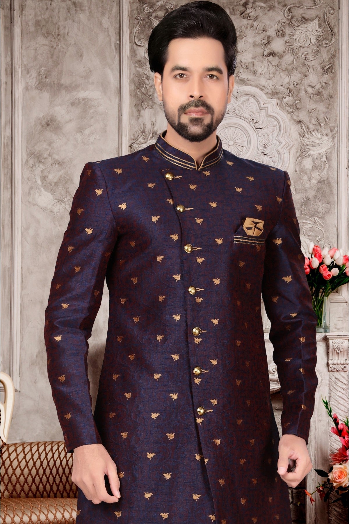Navy Blue Colour Jacquard Dhoti Sherwani VSSH1040304