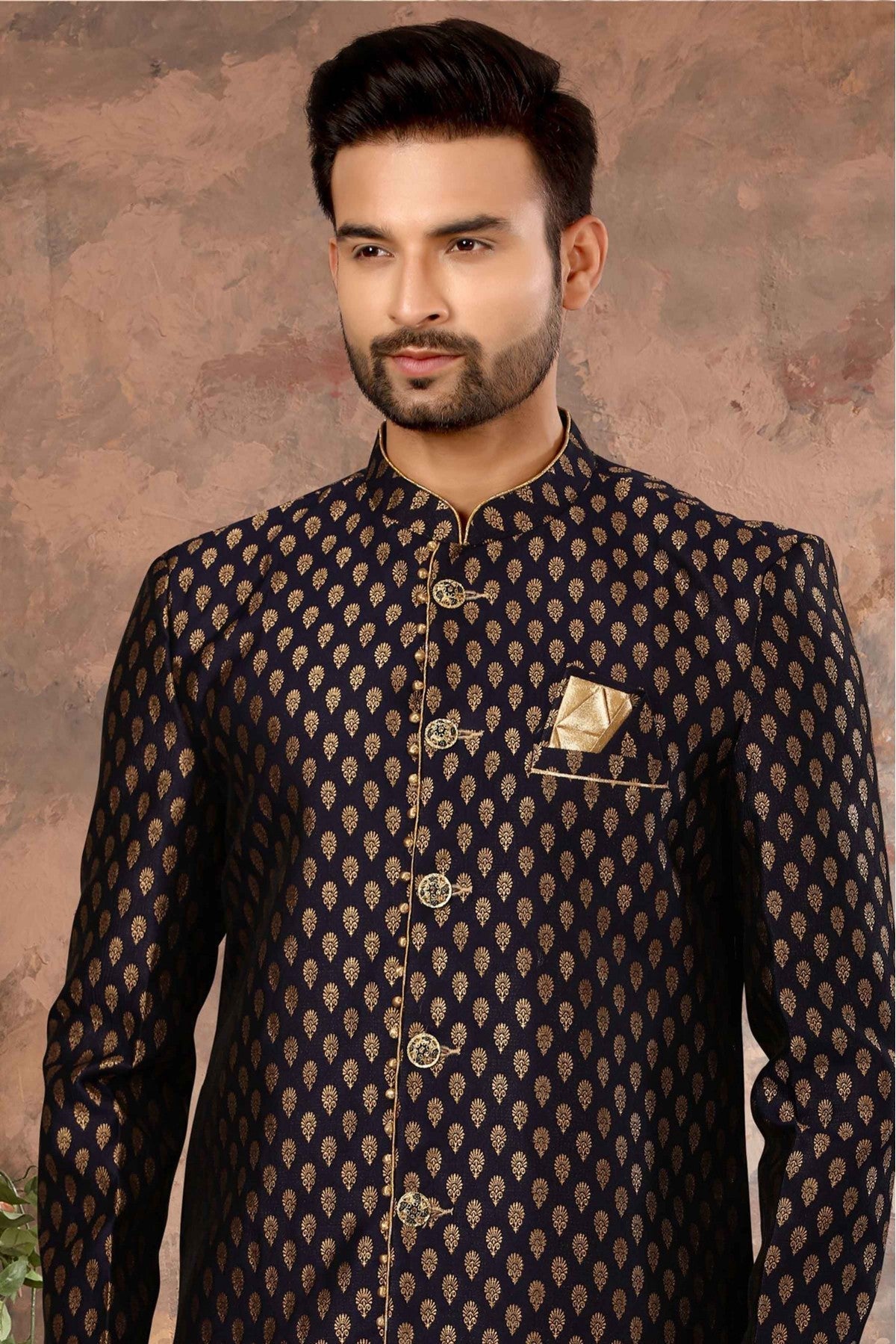 Navy Blue Colour Jacquard Woven Sherwani VSSH1040330
