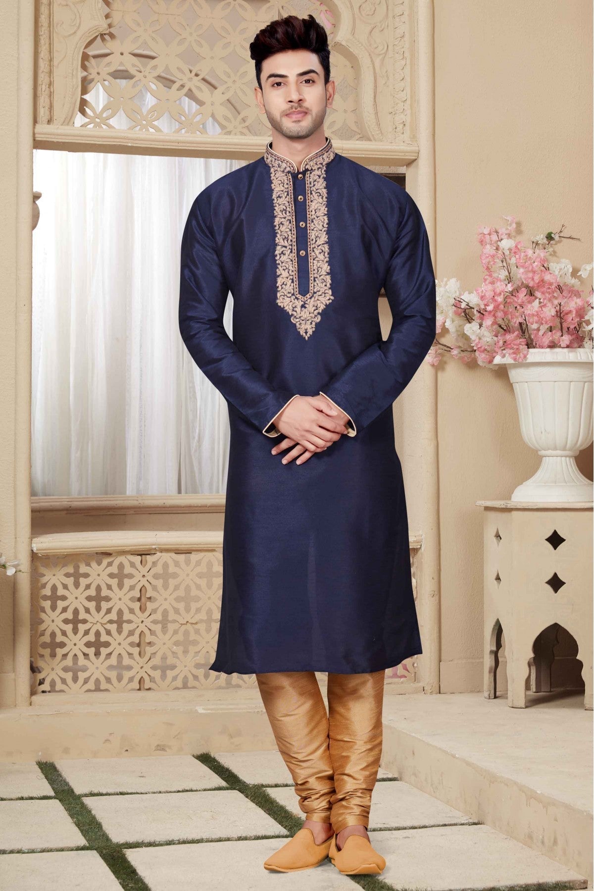 Navy Blue Colour Kurta Pajama In Art Dhupion Fabric VSKP1040009