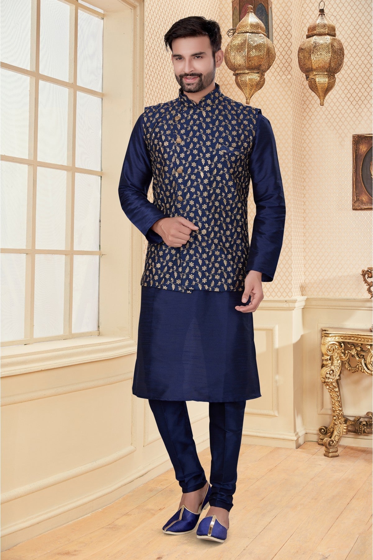 Navy Blue Colour Kurta Pajama With Jacket In Silk Dupion Fabric VSKP1040181