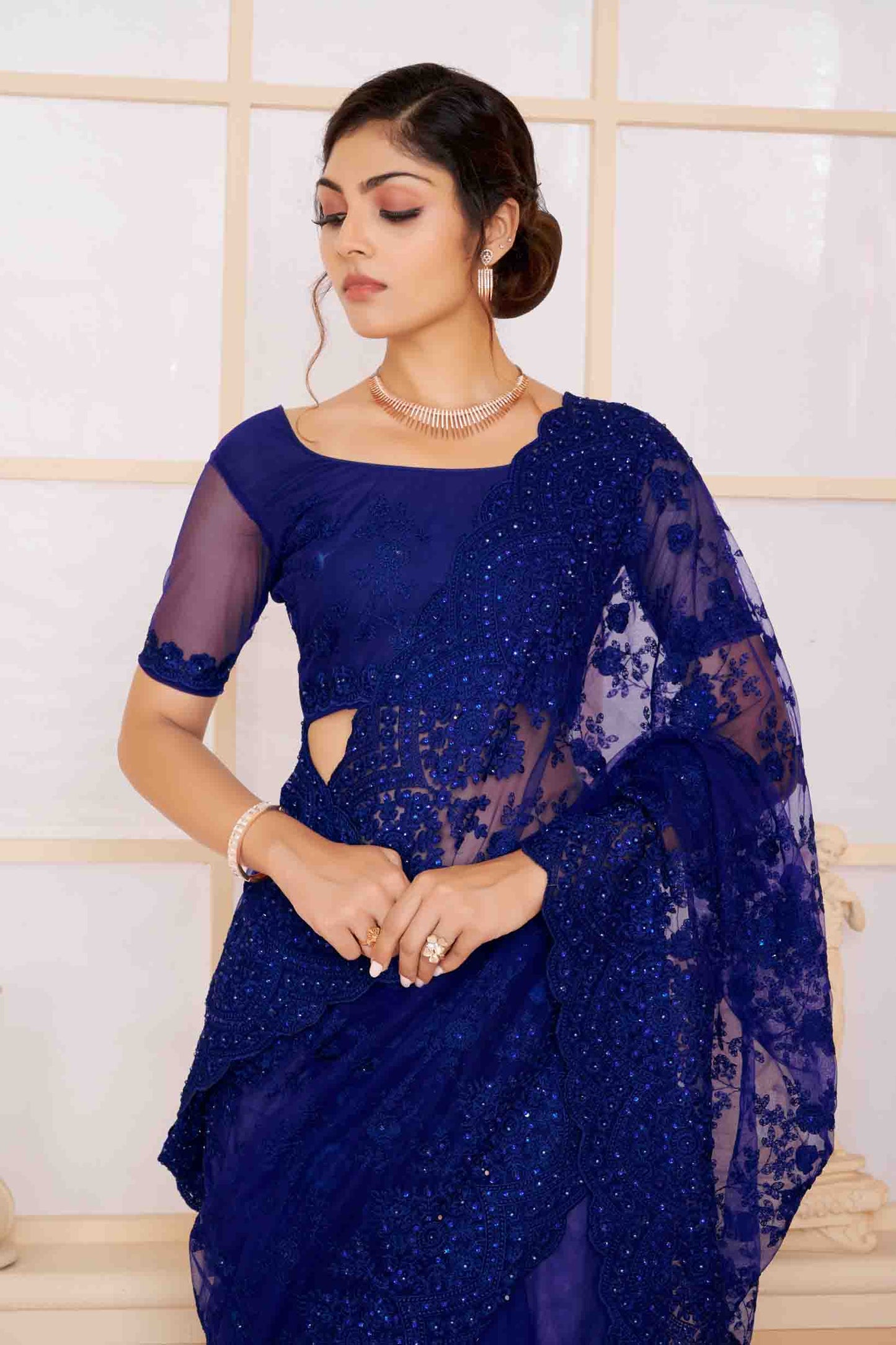 Navy Blue Colour Net Designer Saree VSSD1090473