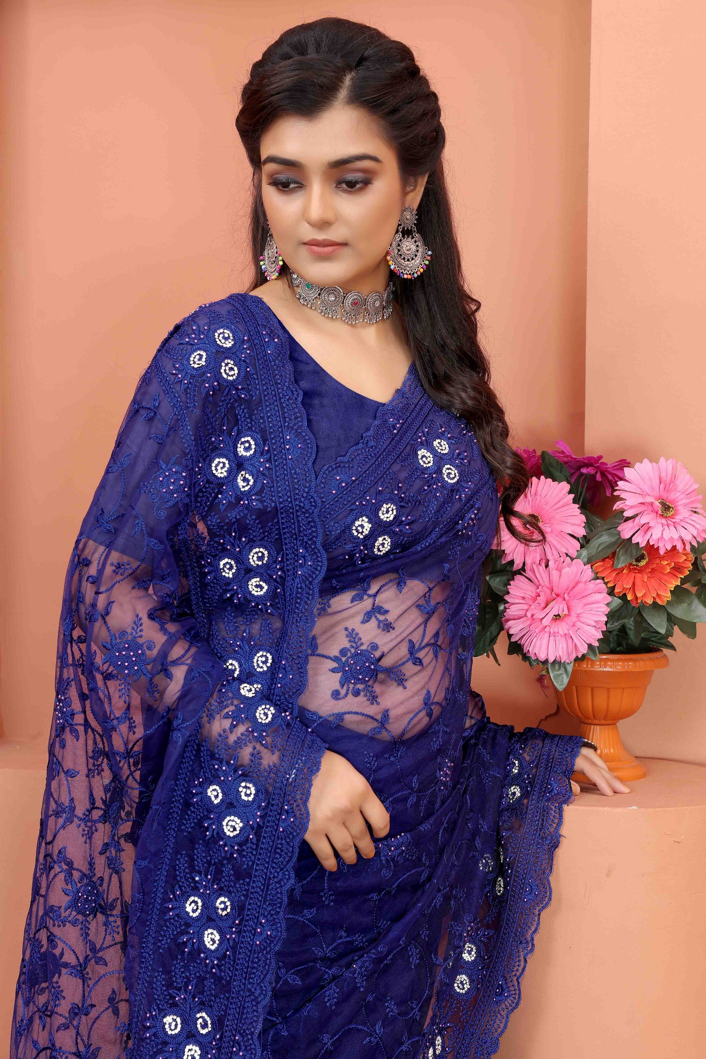 Navy Blue Colour Net Designer Saree VSSD1090513