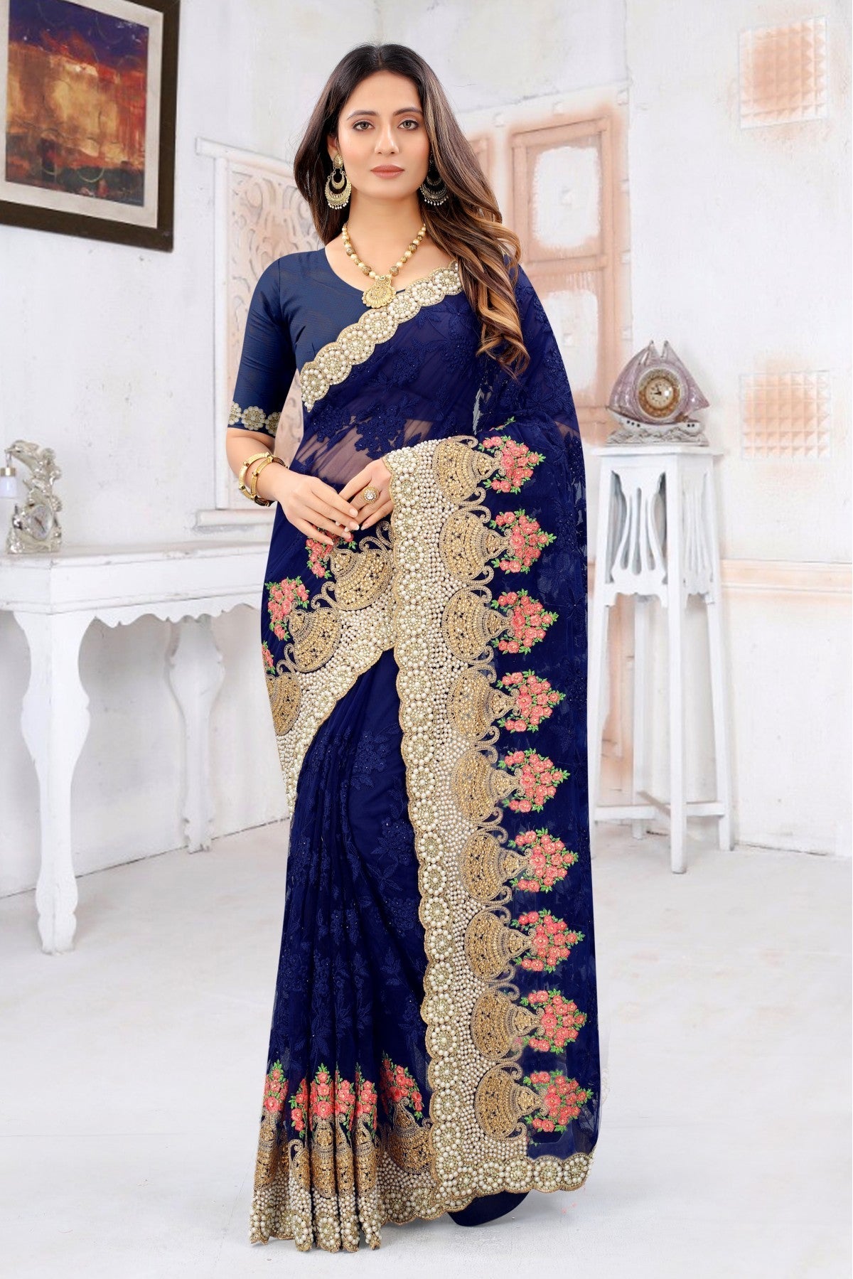 Navy Blue Colour Net Embroidery Saree VSSD1090220