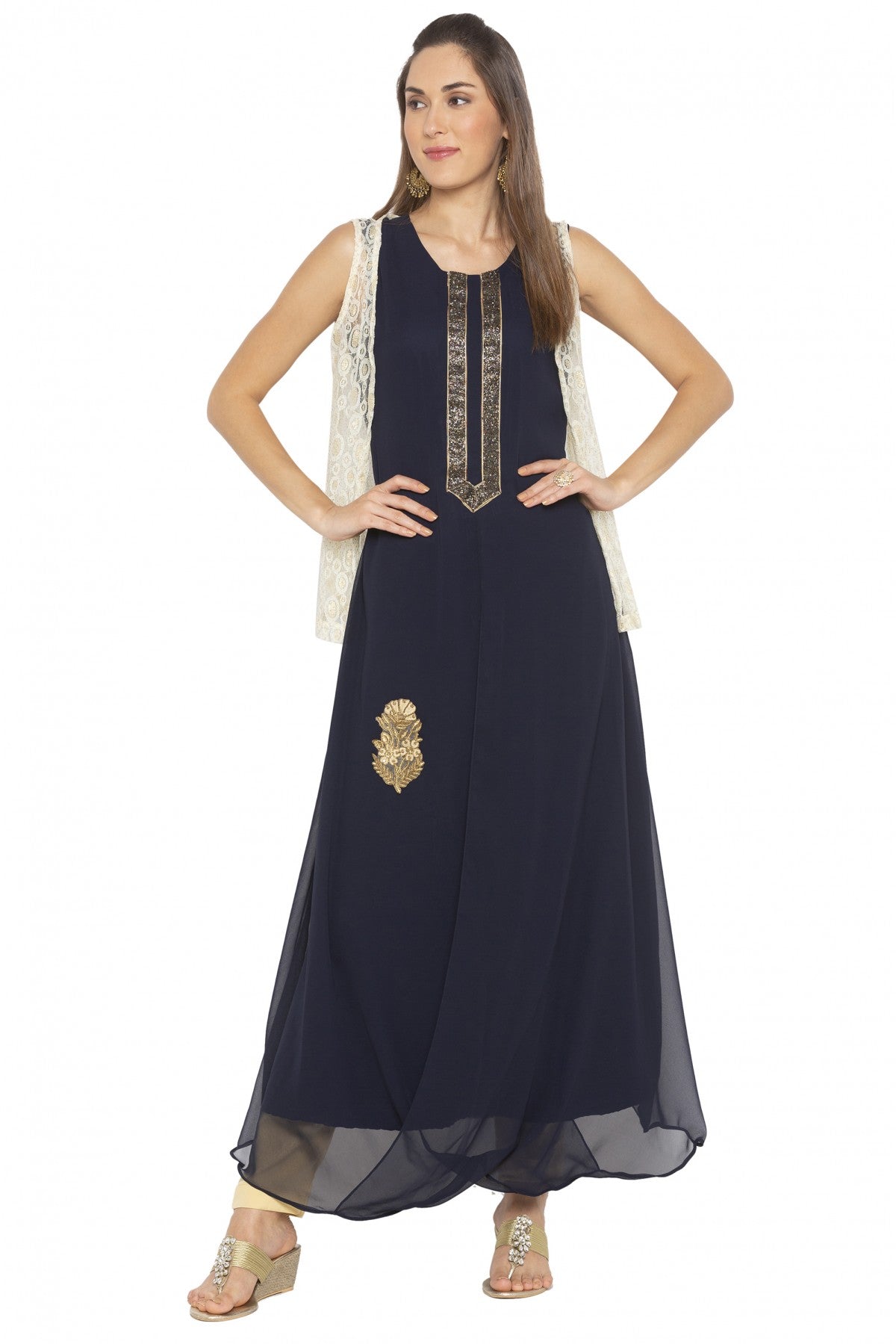 Navy Blue Colour Plus Size Georgette Embroidery Kurti