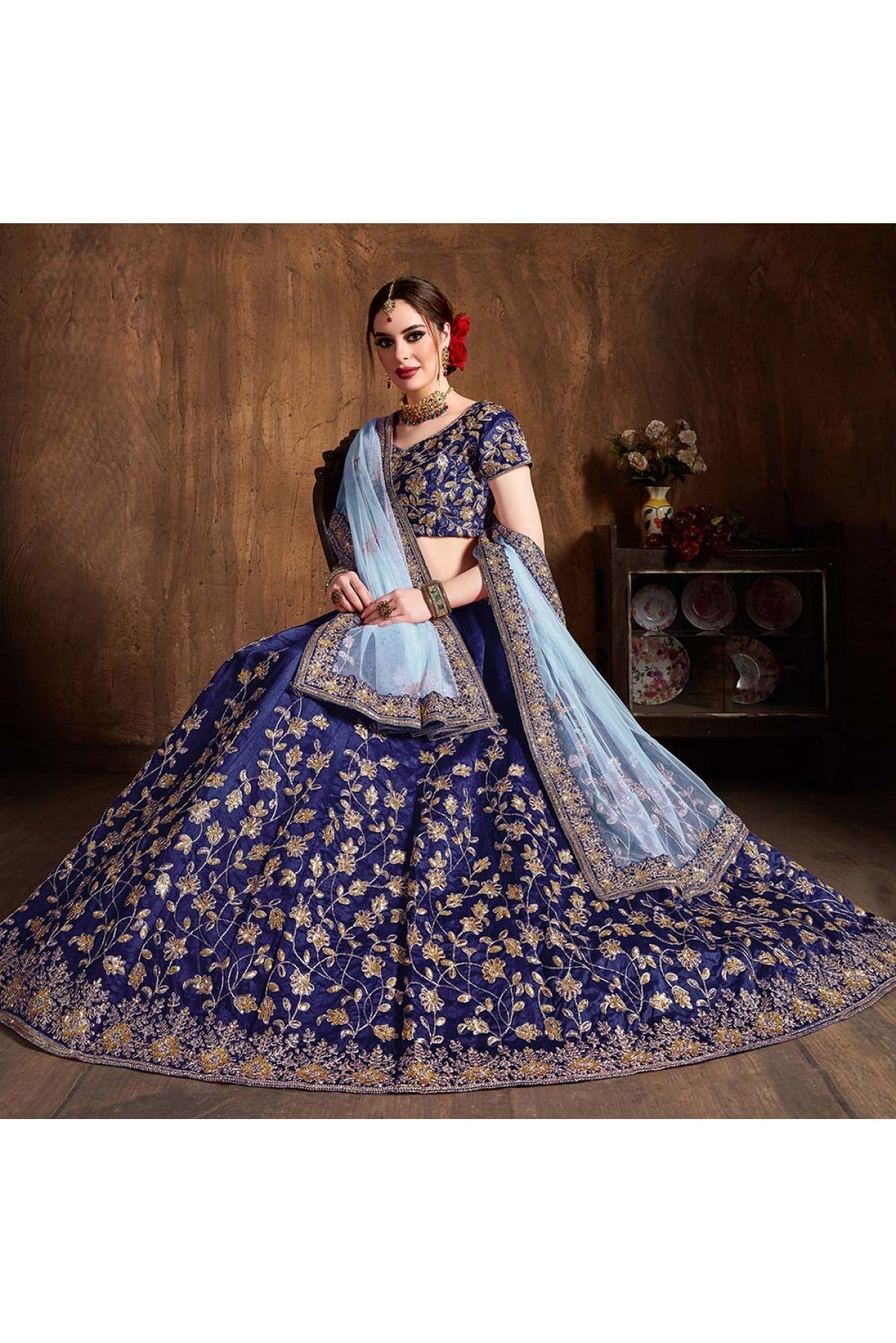 Navy Blue Colour Raw Silk Lehenga Choli VSLC1010060
