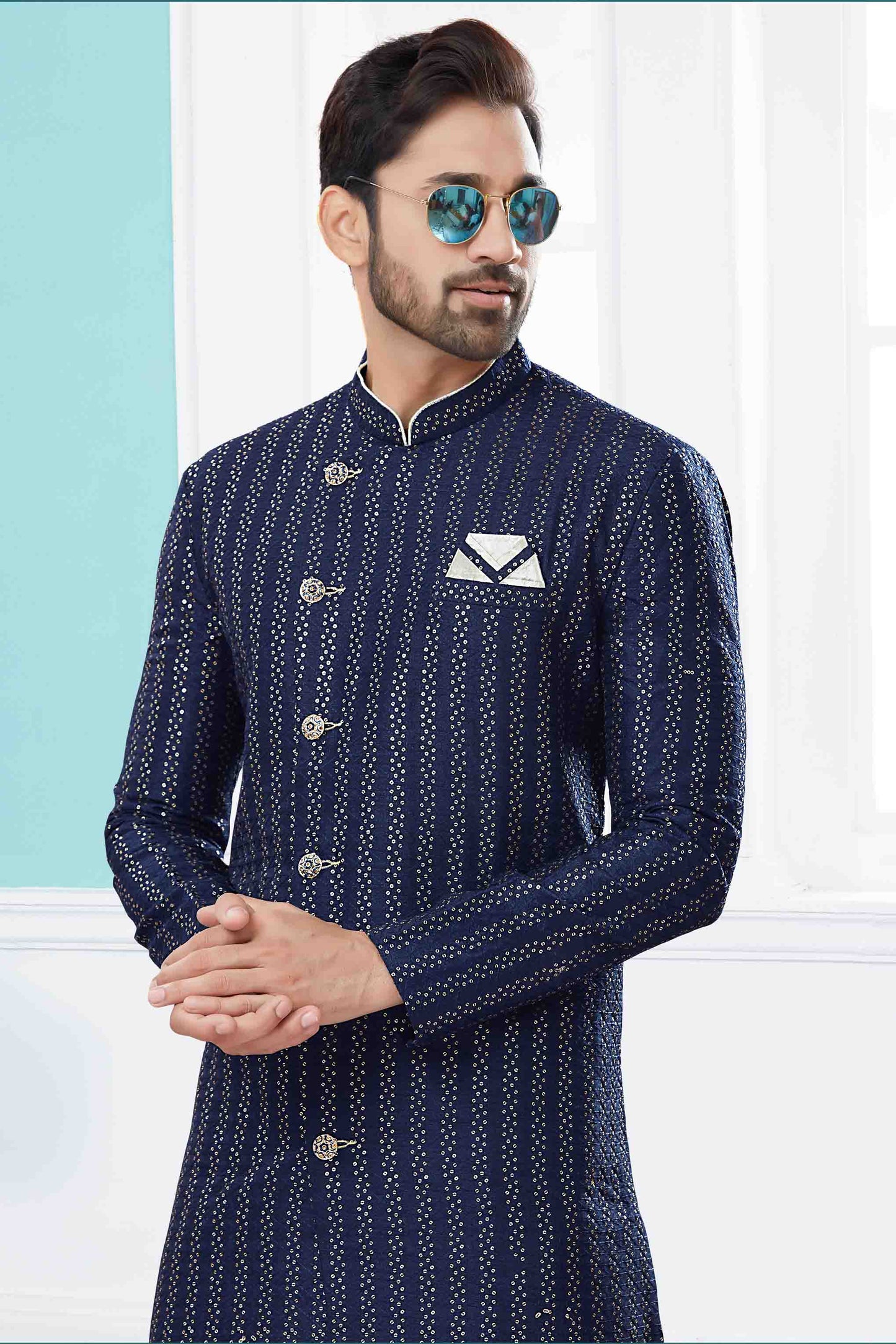 Navy Blue Colour Sherwani In Jacquard Fabric VSSH1040420