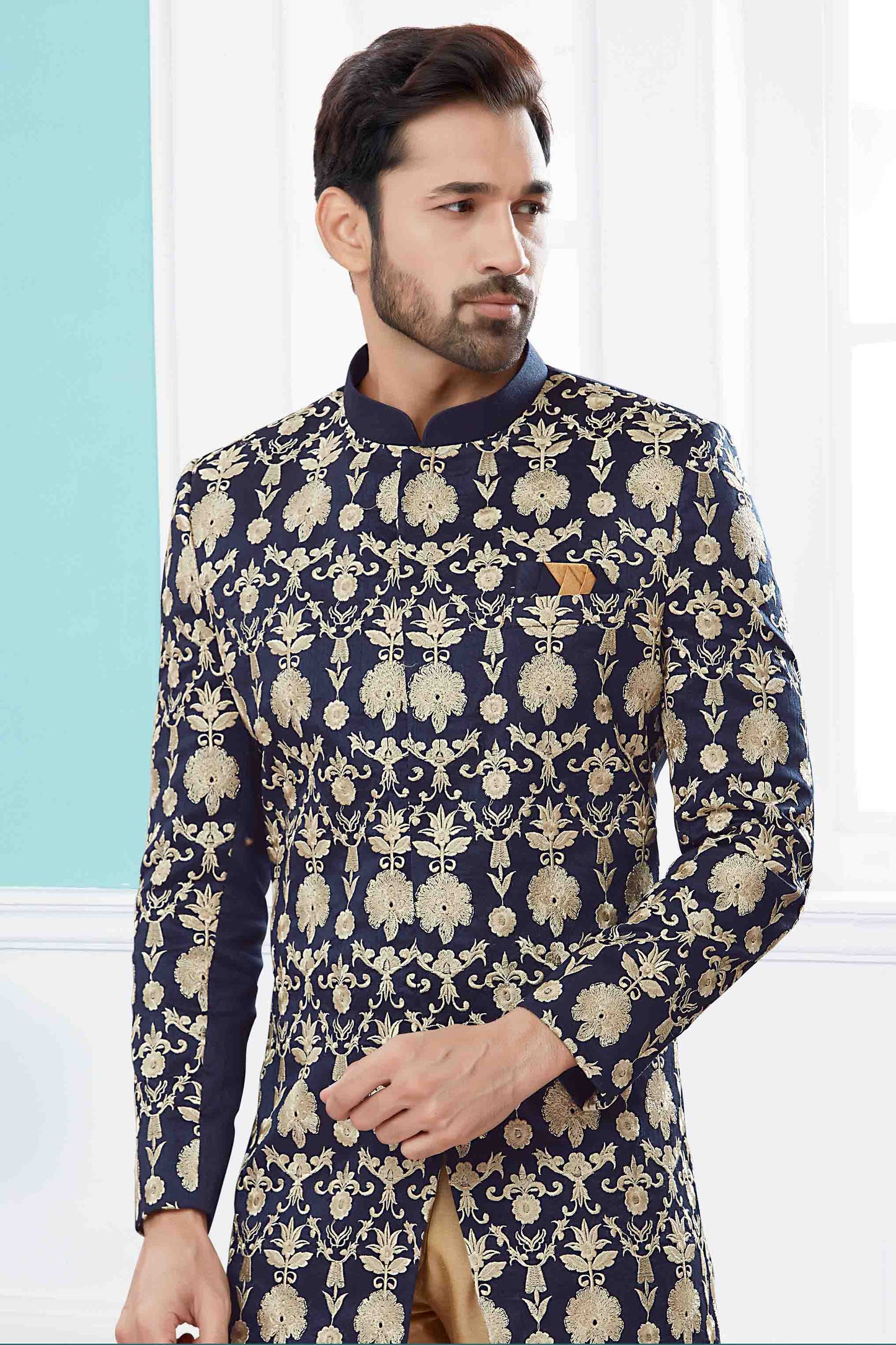 Navy Blue Colour Sherwani In Velvet Fabric VSSH1040416