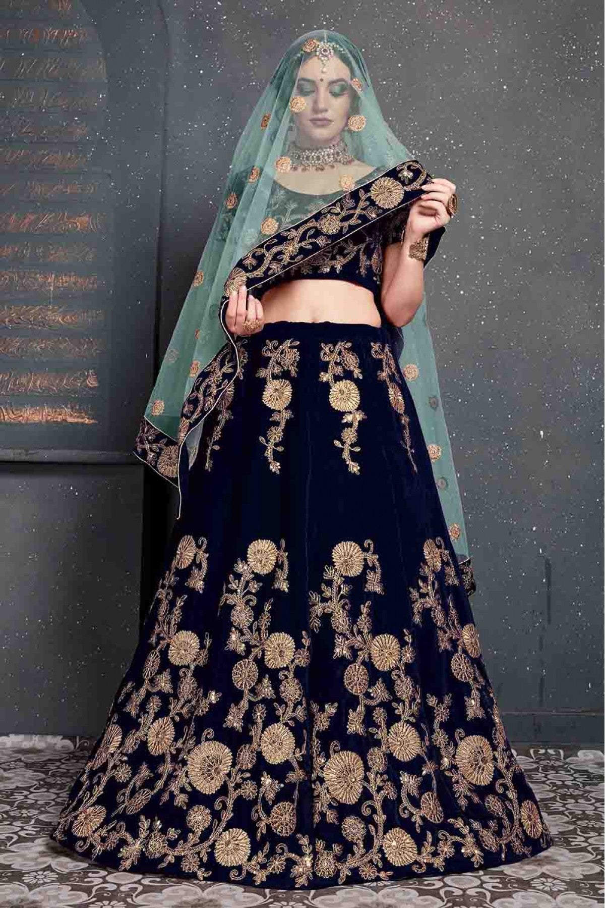 Navy Blue Colour Velvet Lehenga Choli VSLC1010029