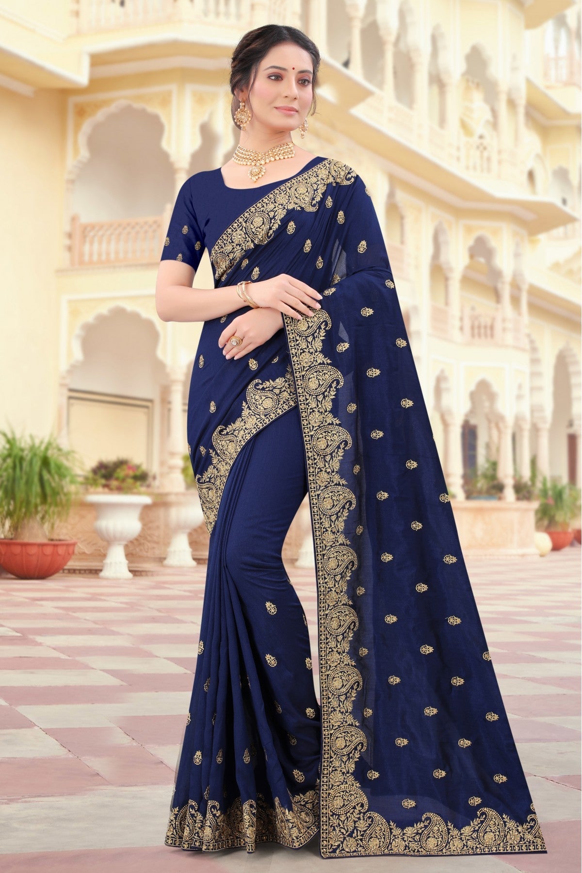 Navy Blue Colour Vichitra Silk Embroidery Saree VSSD1090424