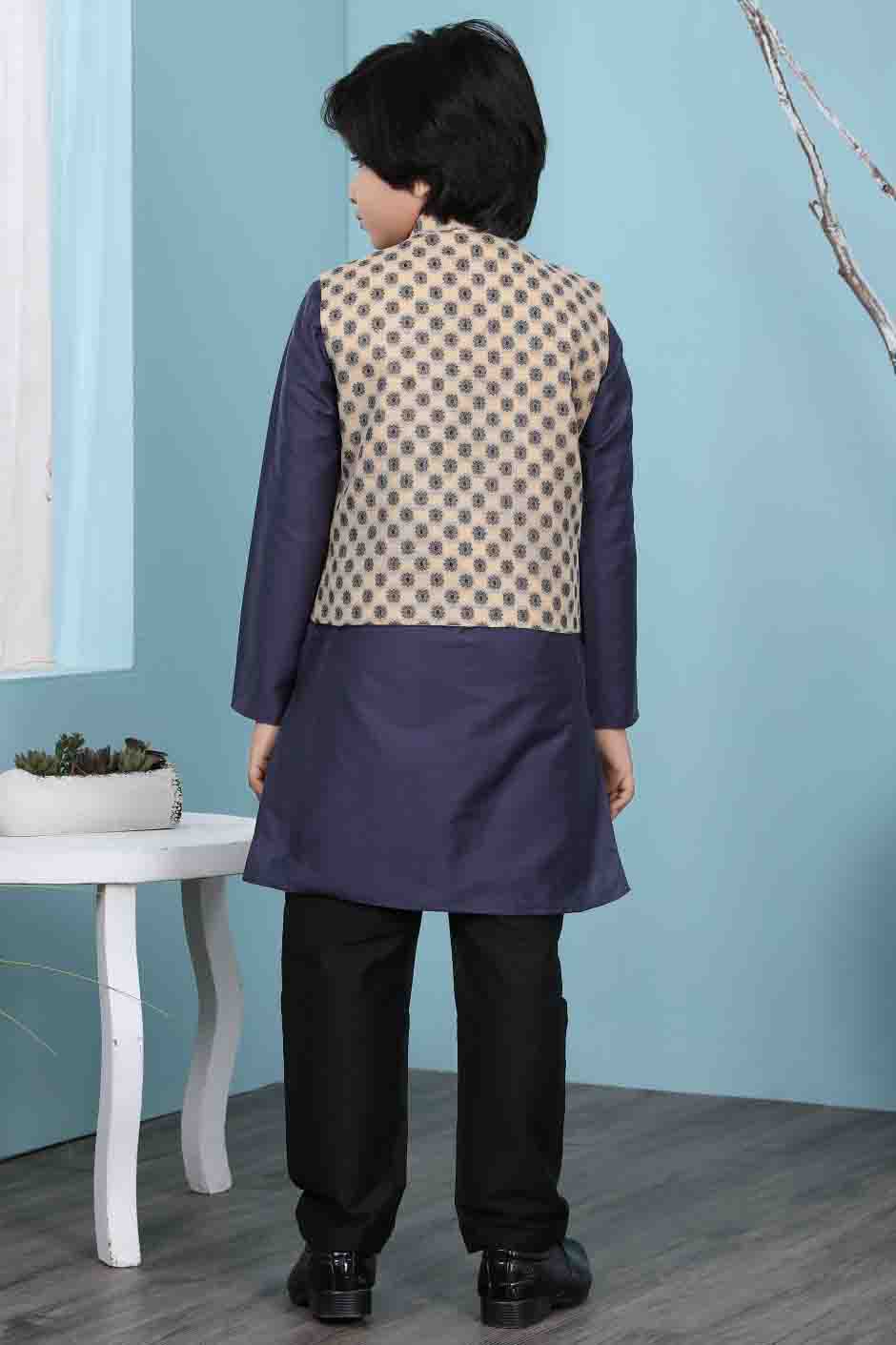 Navy Blue and Beige Colour Cotton Silk Kurta Pajama With Jacket VSBW1070112