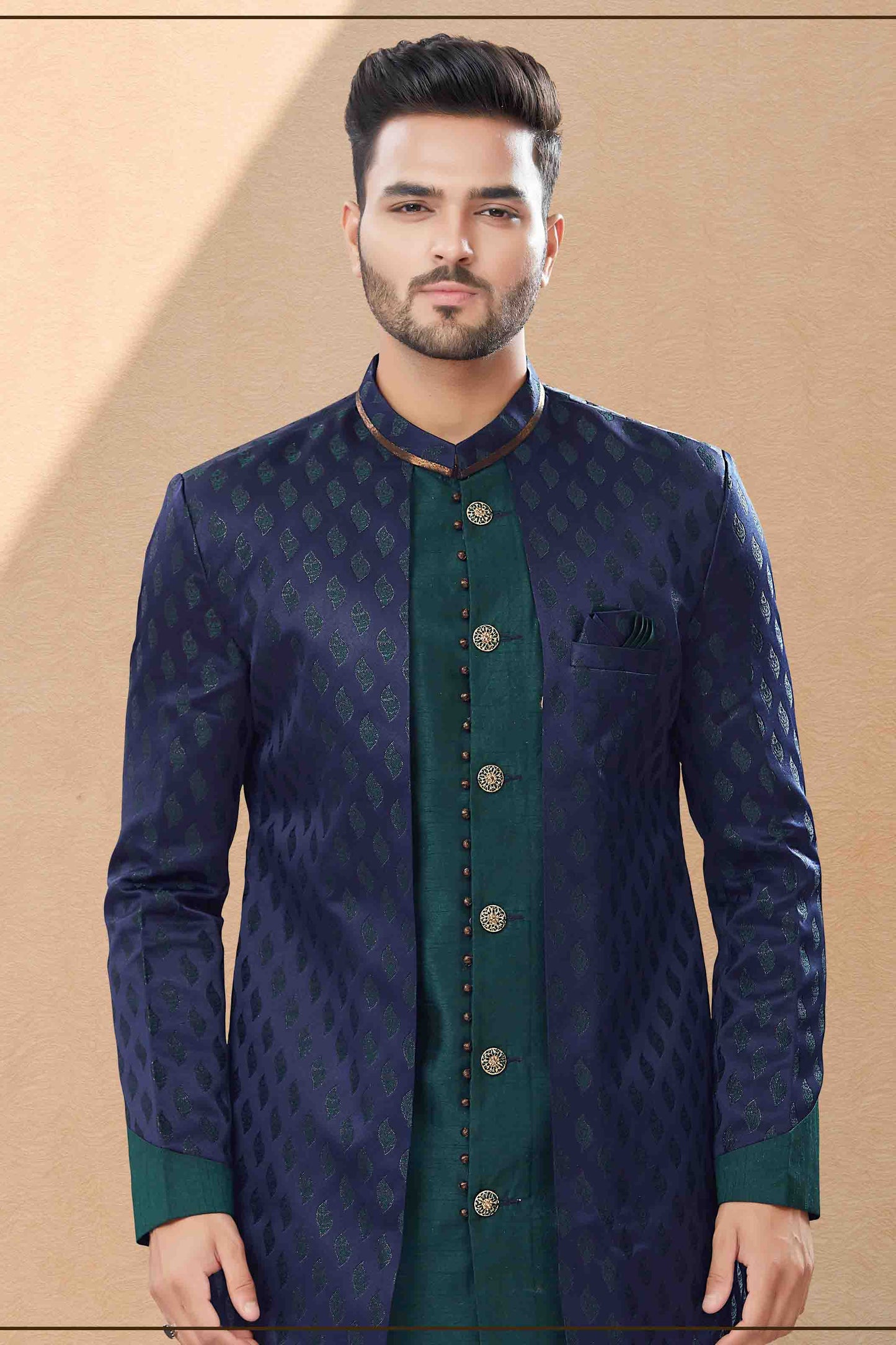 Navy Blue and Green Colour Indo Western In Banarasi Jacquard Fabric VSSH1040428