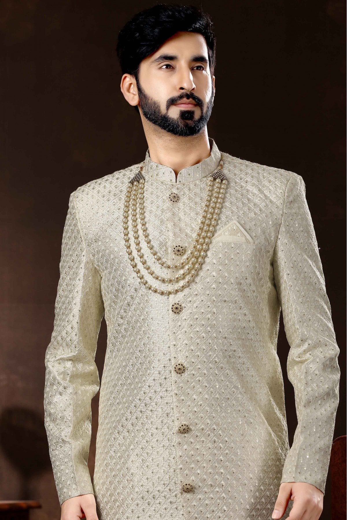 Off White Colour Art Silk Sherwani VSSH1040357