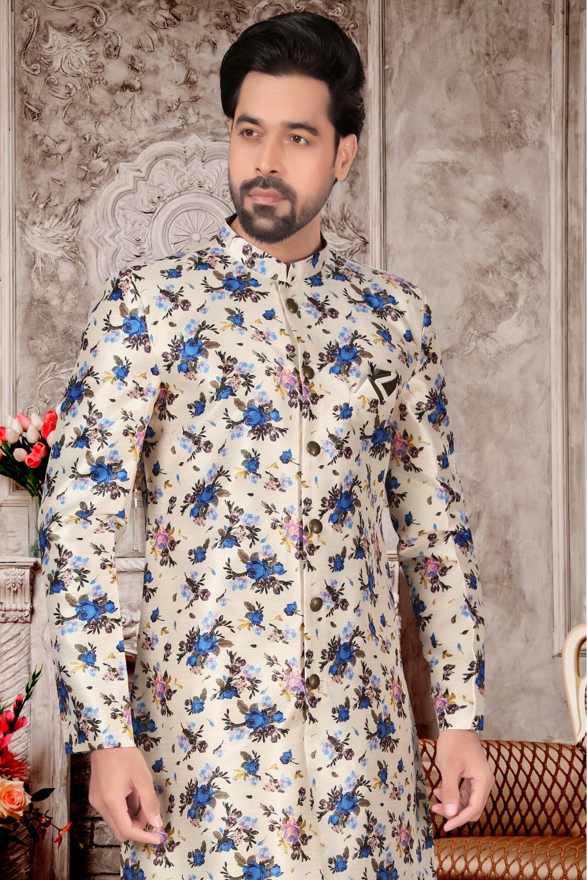 Off White Colour Jacquard Sherwani VSSH1040291