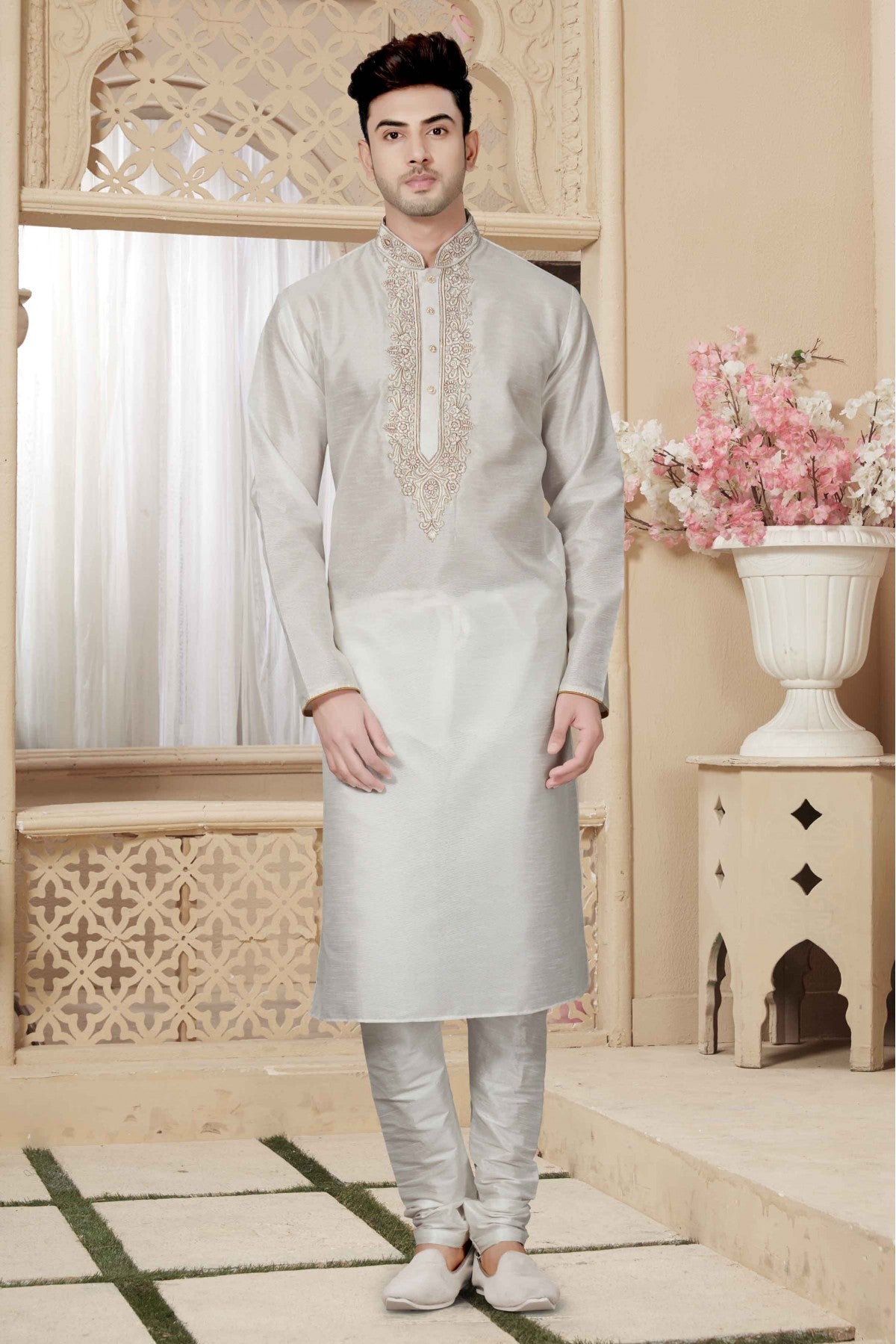 Off White Colour Kurta Pajama In Art Dhupion Fabric VSKP1040016