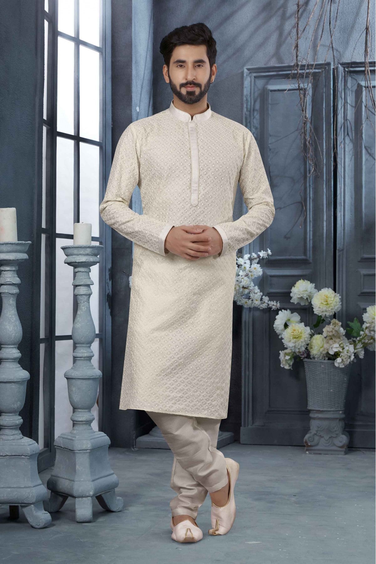 Off White Colour Kurta Pajama In Lucknowi Fabric VSKP1040160