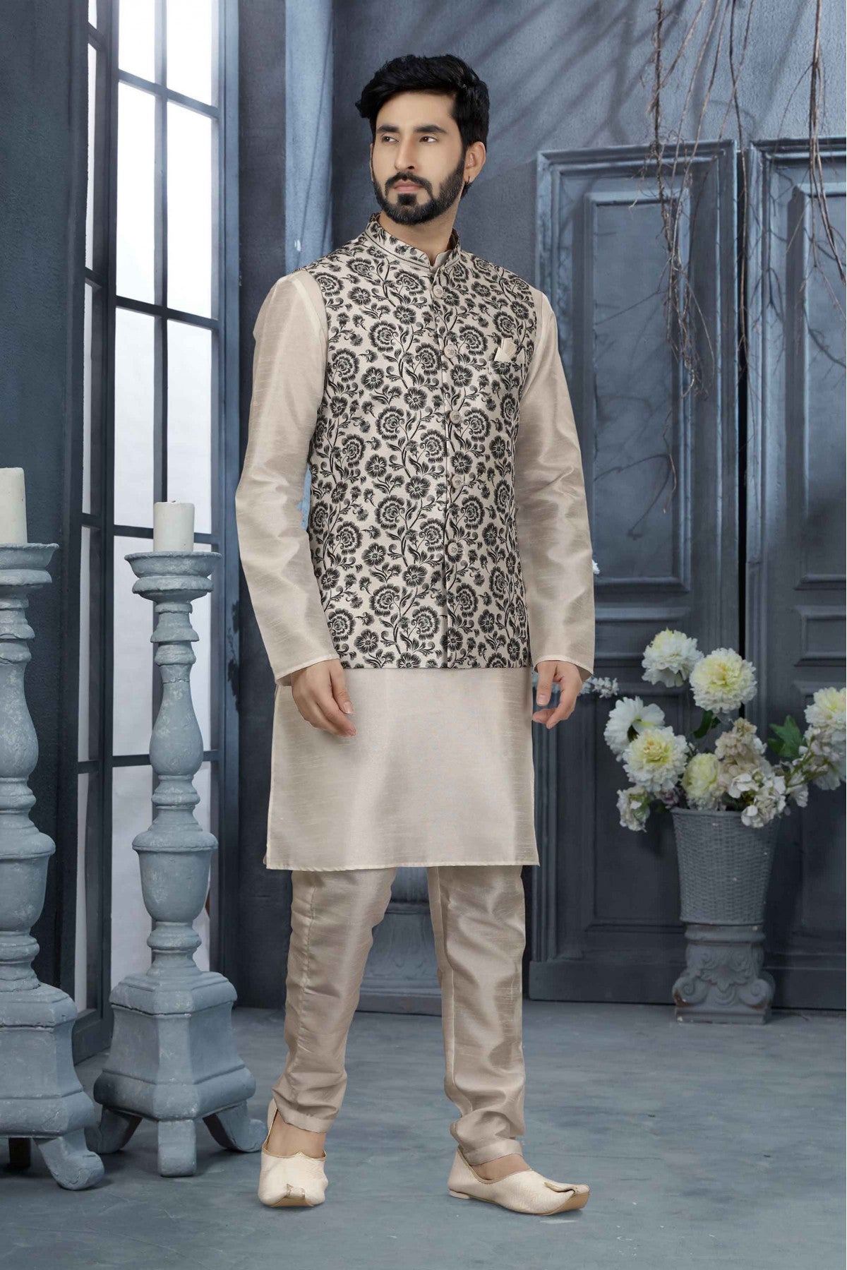 Off White Colour Kurta Pajama With Jacket In Silk Dupion Fabric VSKP1040189