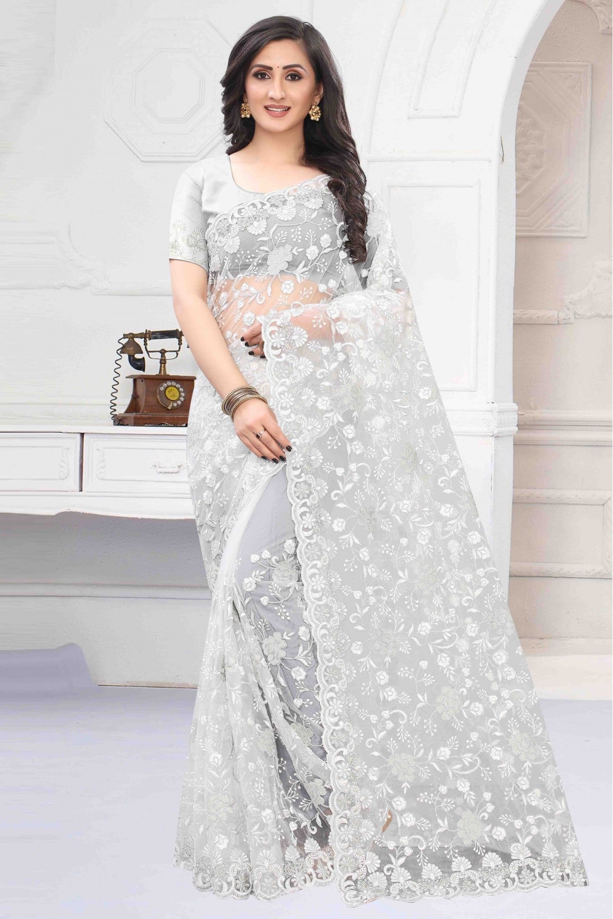 Off White Colour Net Designer Saree VSSD1090154