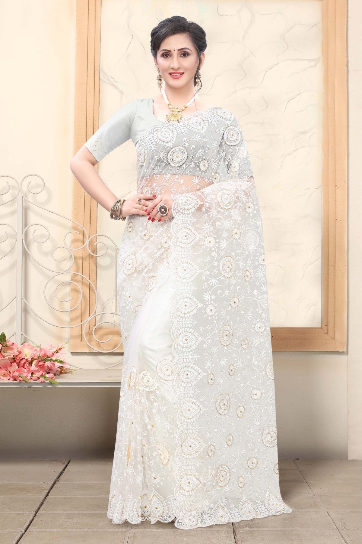 Off White Colour Net Embroidery Saree VSSD1090158