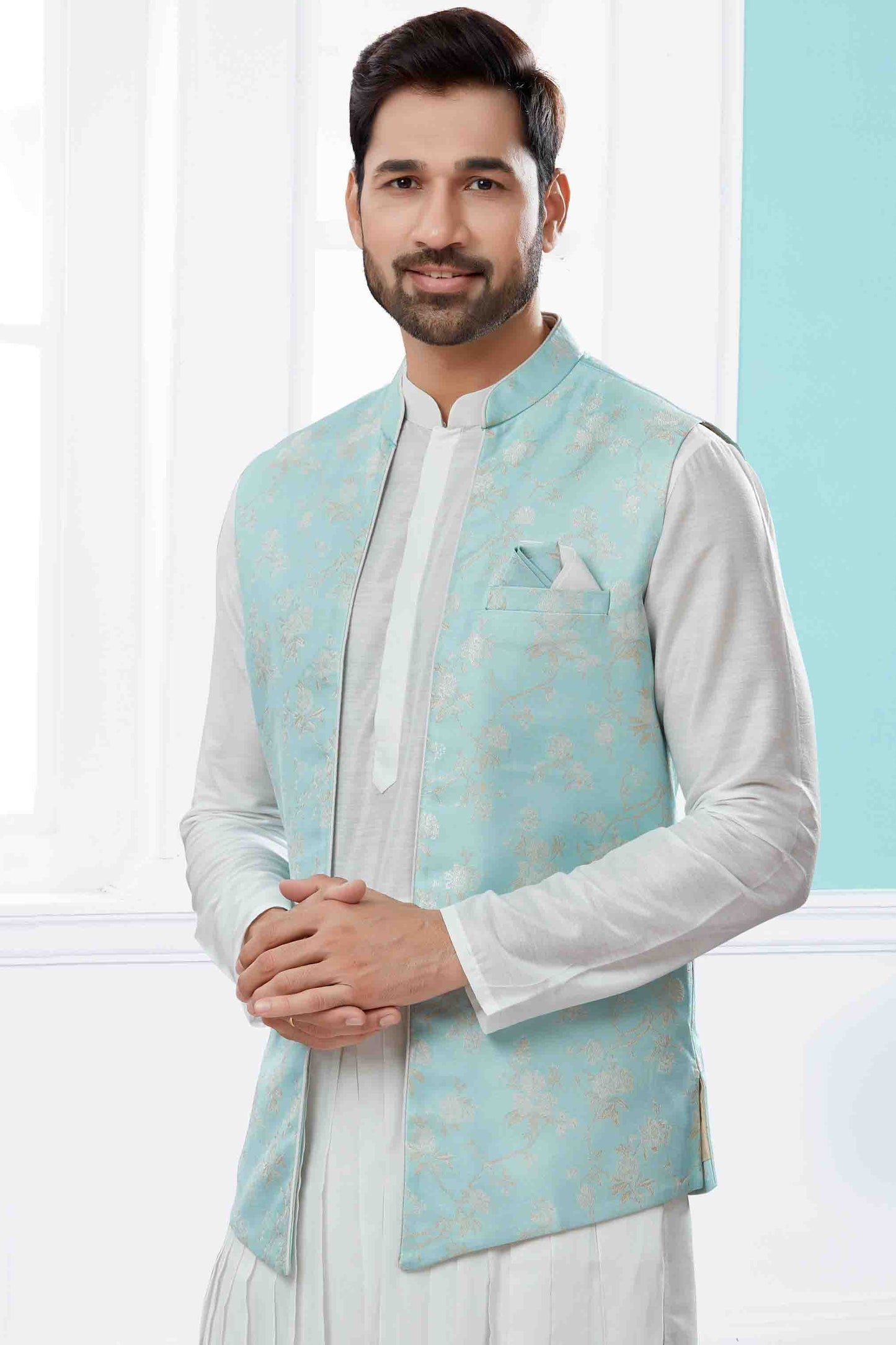 Off White Sky Blue Colour Indo Western In Silk Dupion Fabric VSSH1040480