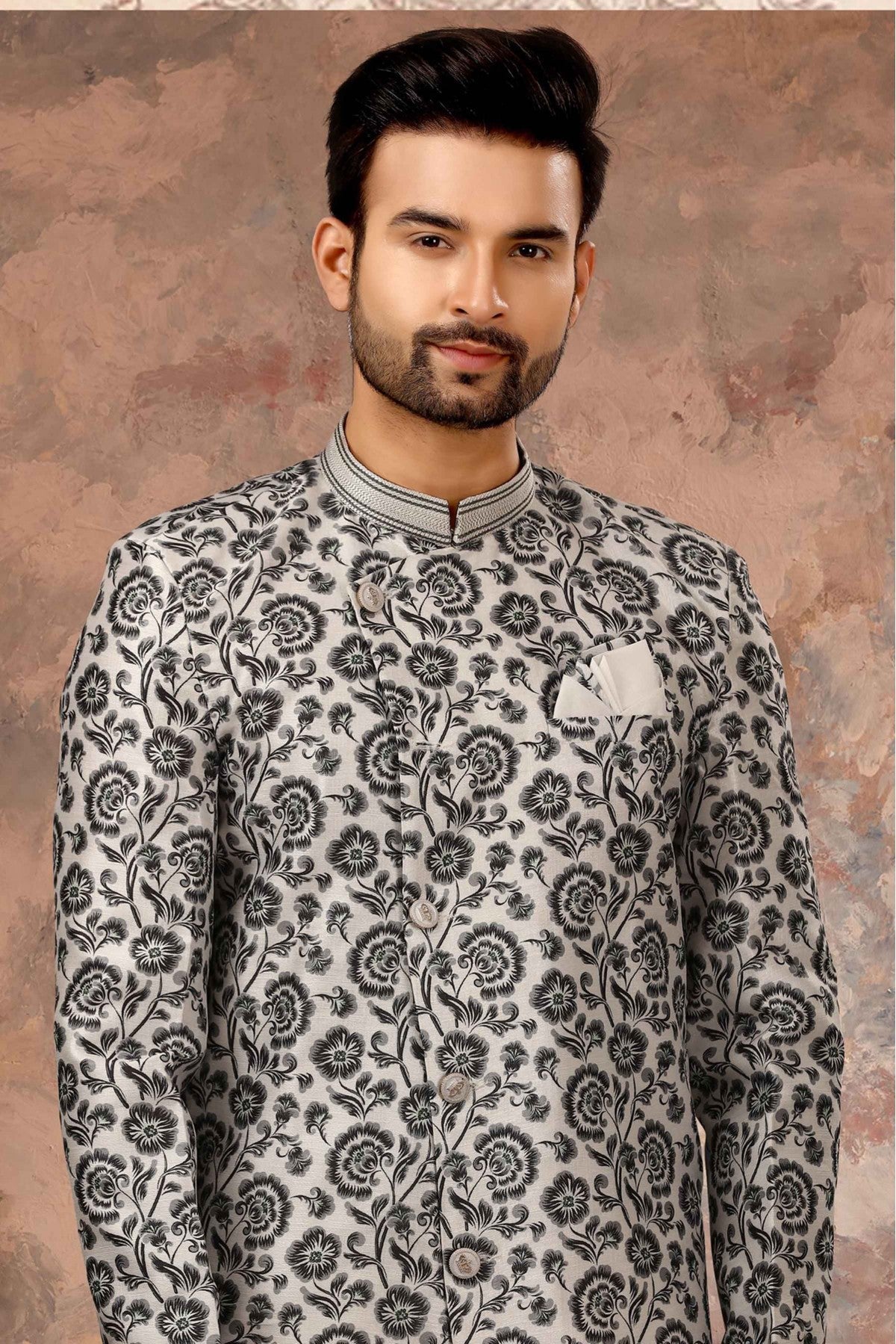 Off White and Black Colour Jacquard Digital Print Sherwani VSSH1040328