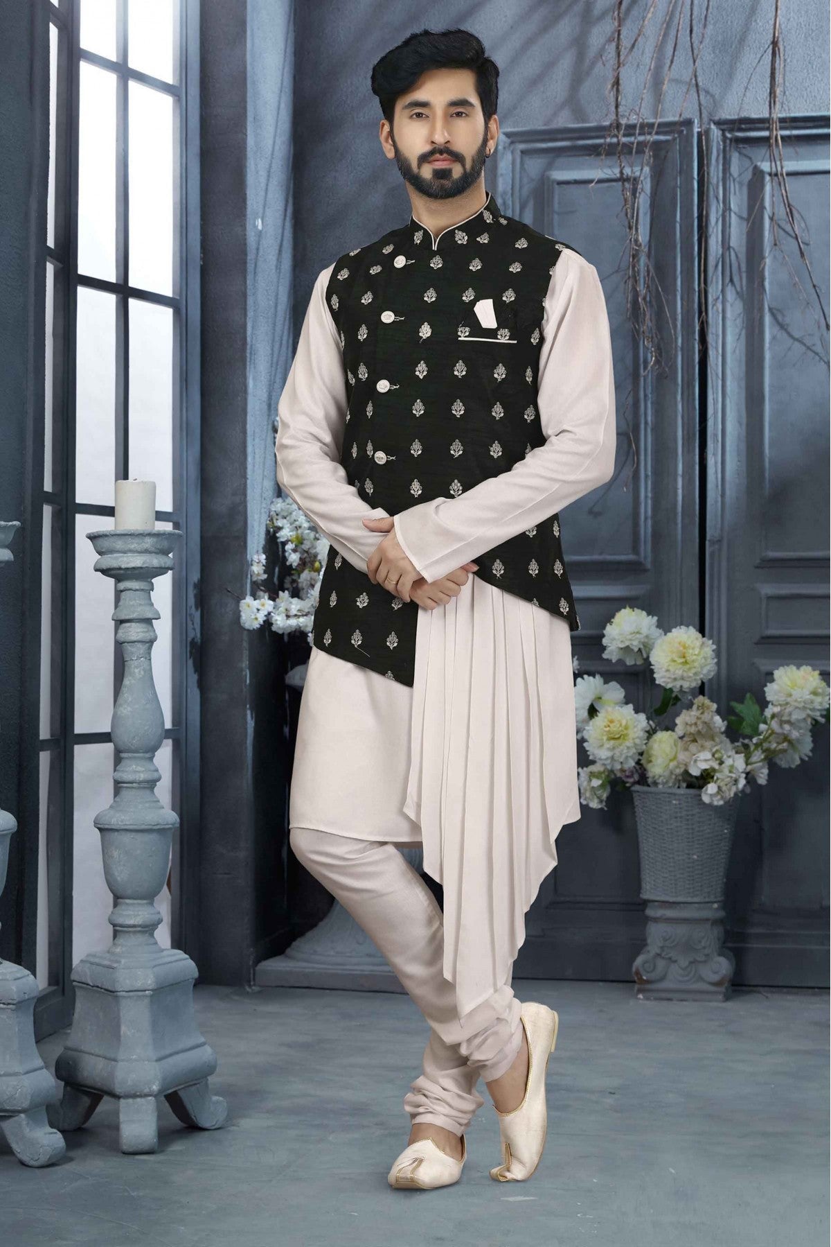Off White and Black Colour Kurta Pajama With Jacket In Silk Dupion Fabric VSKP1040186