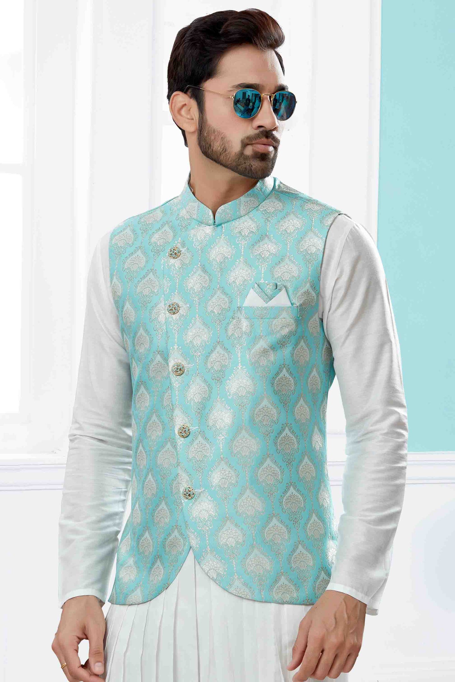 Off White and Blue Colour Indo Western In Silk Dupion Fabric VSSH1040471