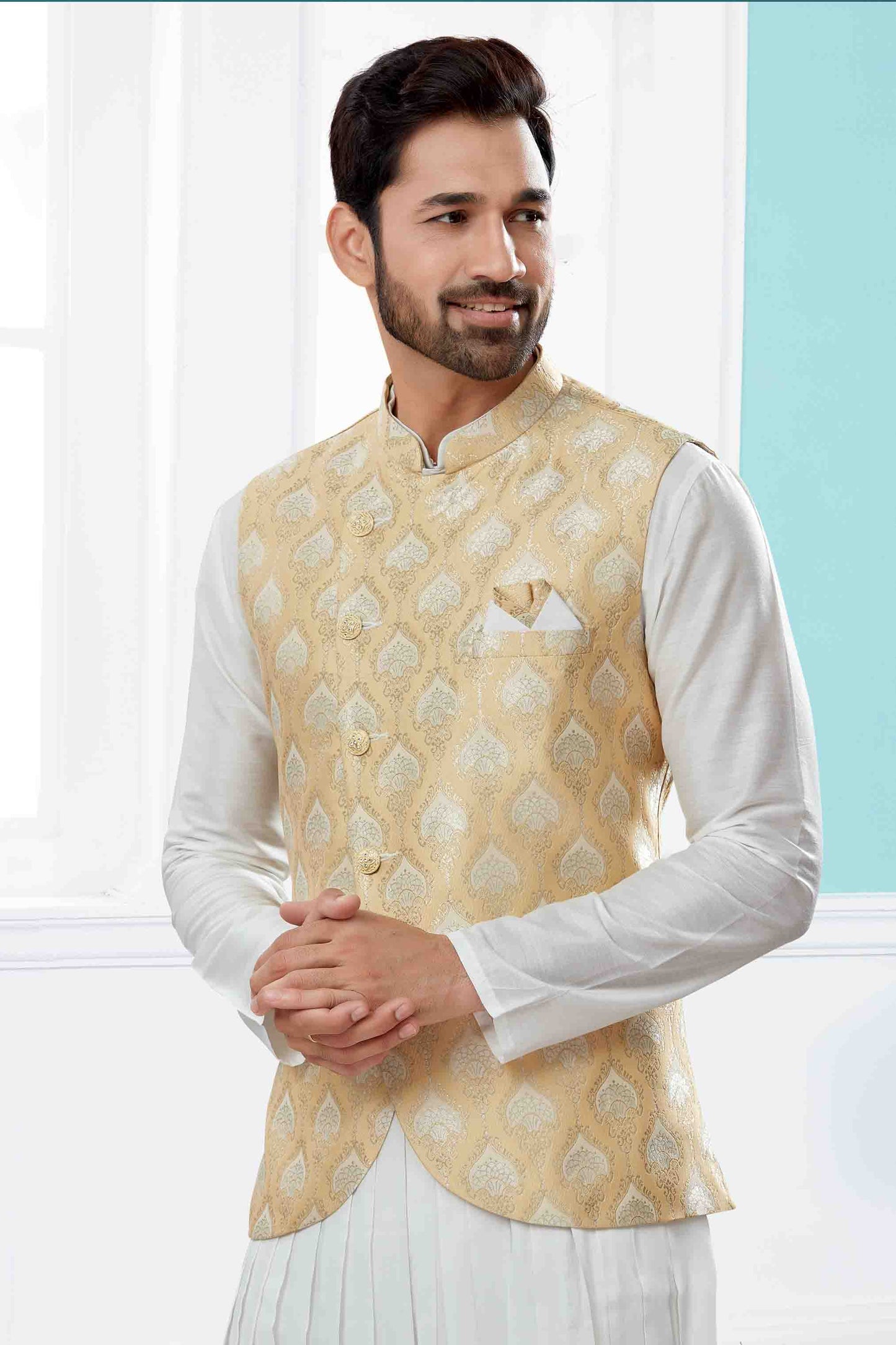 Off White and Gold Colour Indo Western In Silk Dupion Fabric VSSH1040469