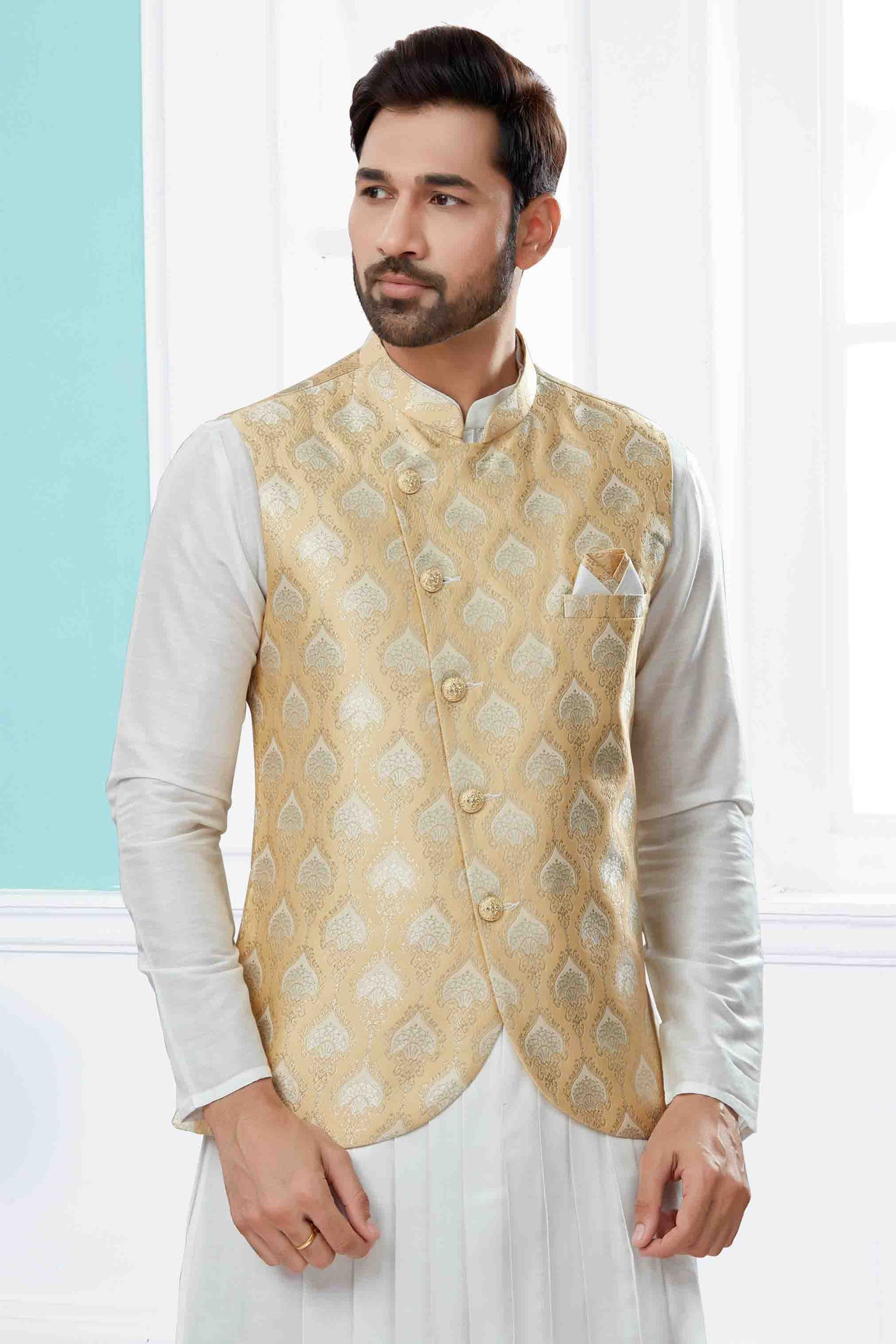 Off White and Gold Colour Indo Western In Silk Dupion Fabric VSSH1040477