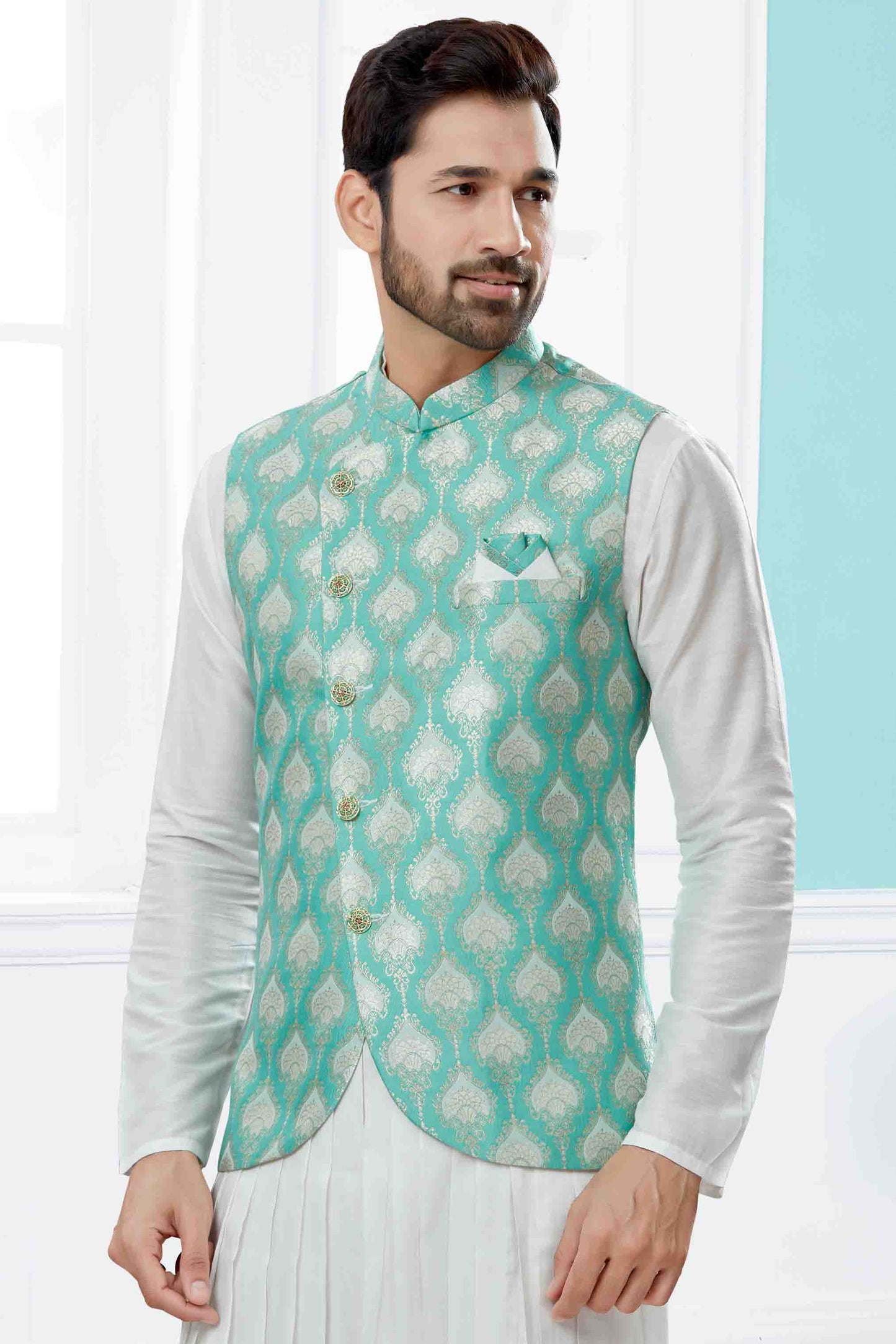 Off White and Green Colour Indo Western In Silk Dupion Fabric VSSH1040476