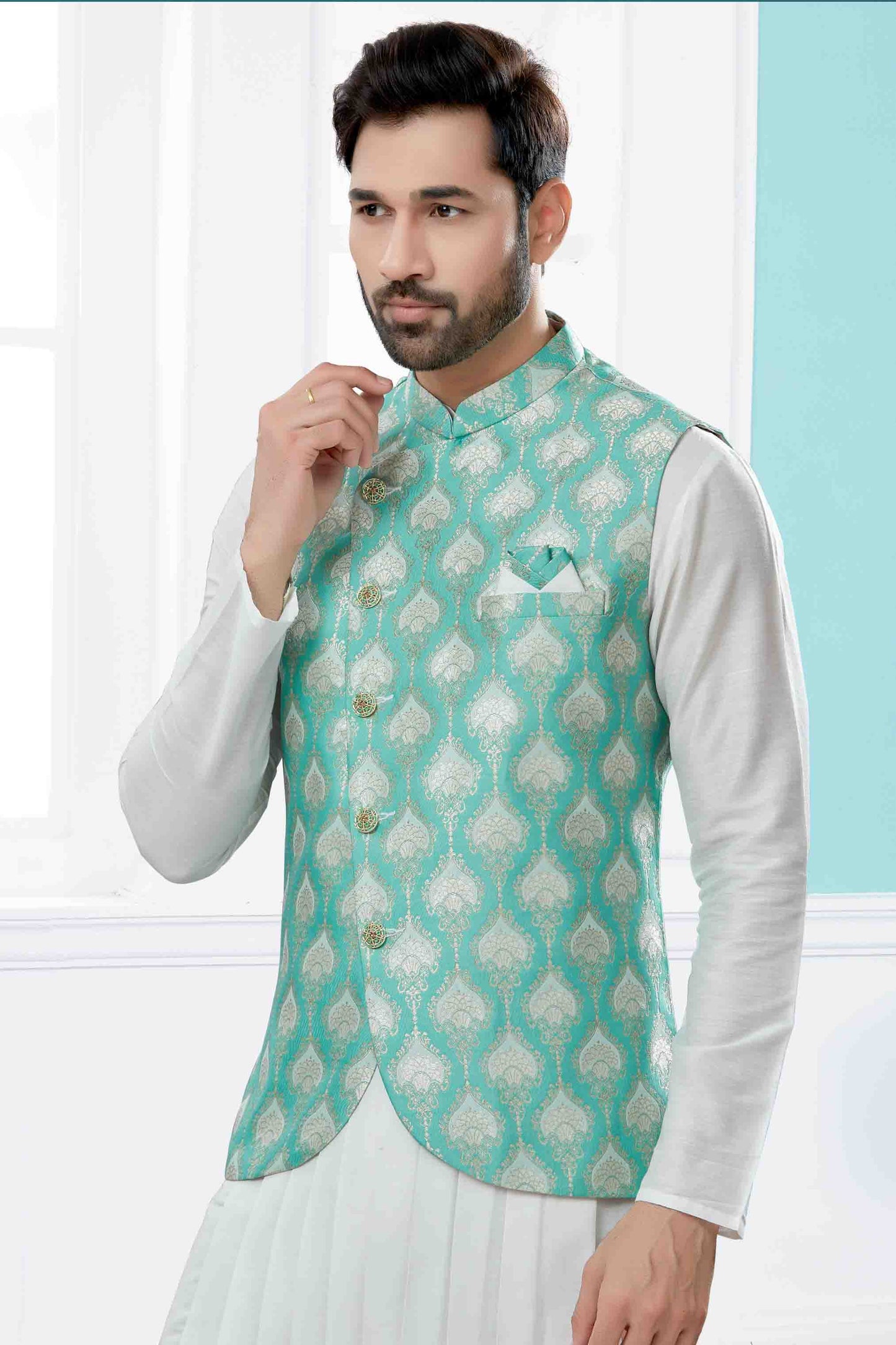 Off White and Green Colour Indo Western In Silk Dupion Fabric VSSH1040478