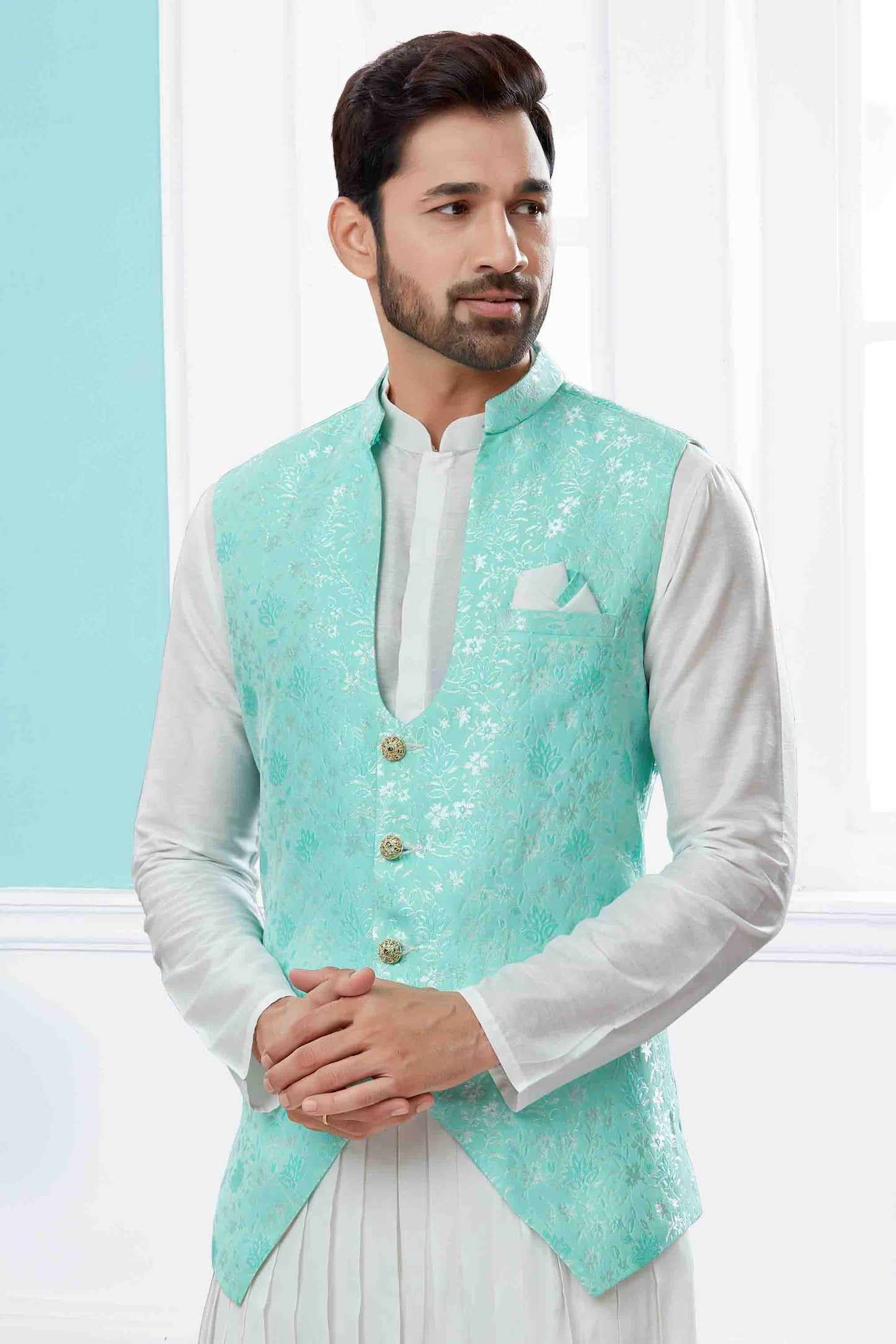 Off White and Green Colour Indo Western In Silk Dupion Fabric VSSH1040481