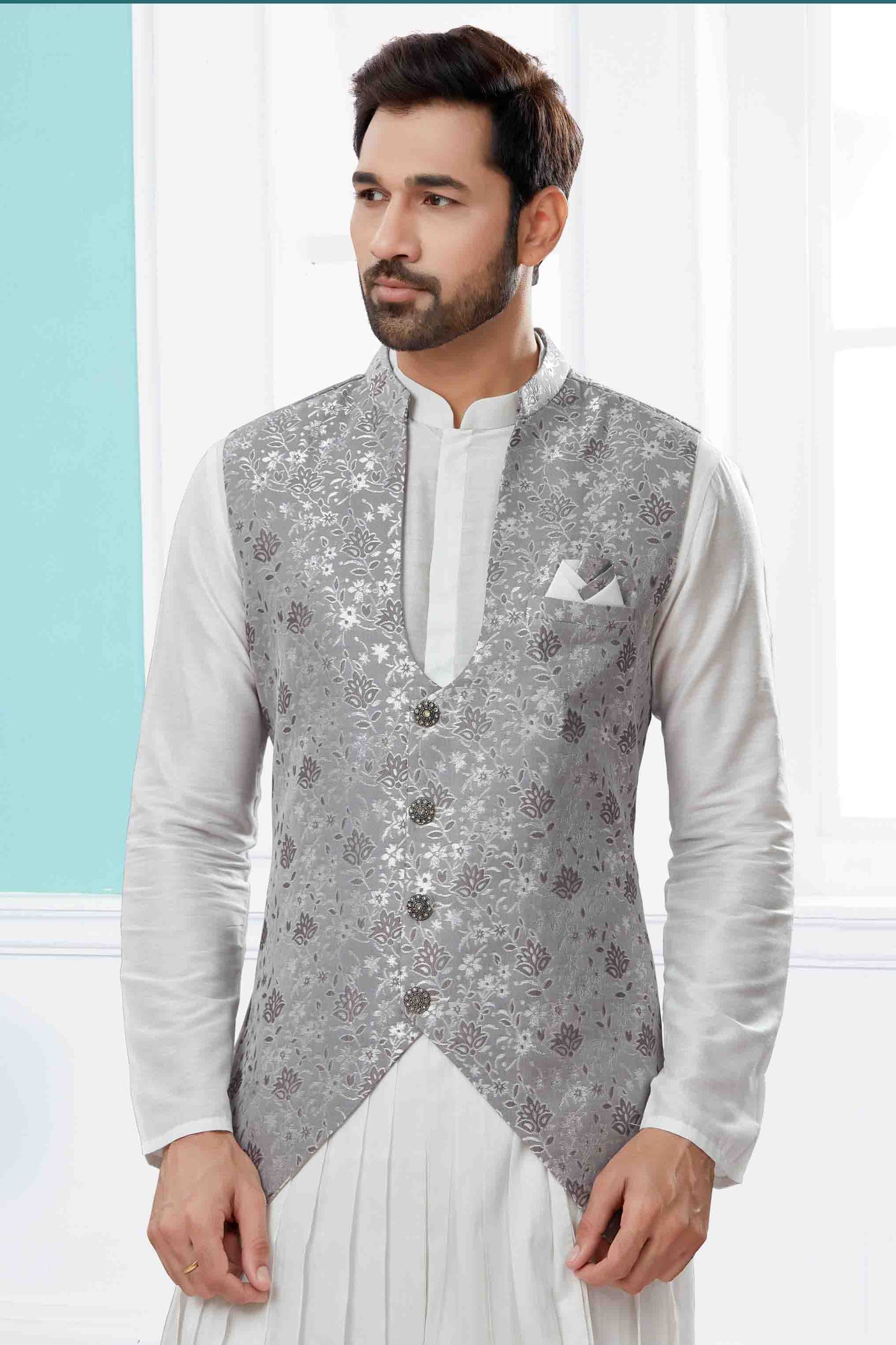 Off White and Grey Colour Indo Western In Silk Dupion Fabric VSSH1040479